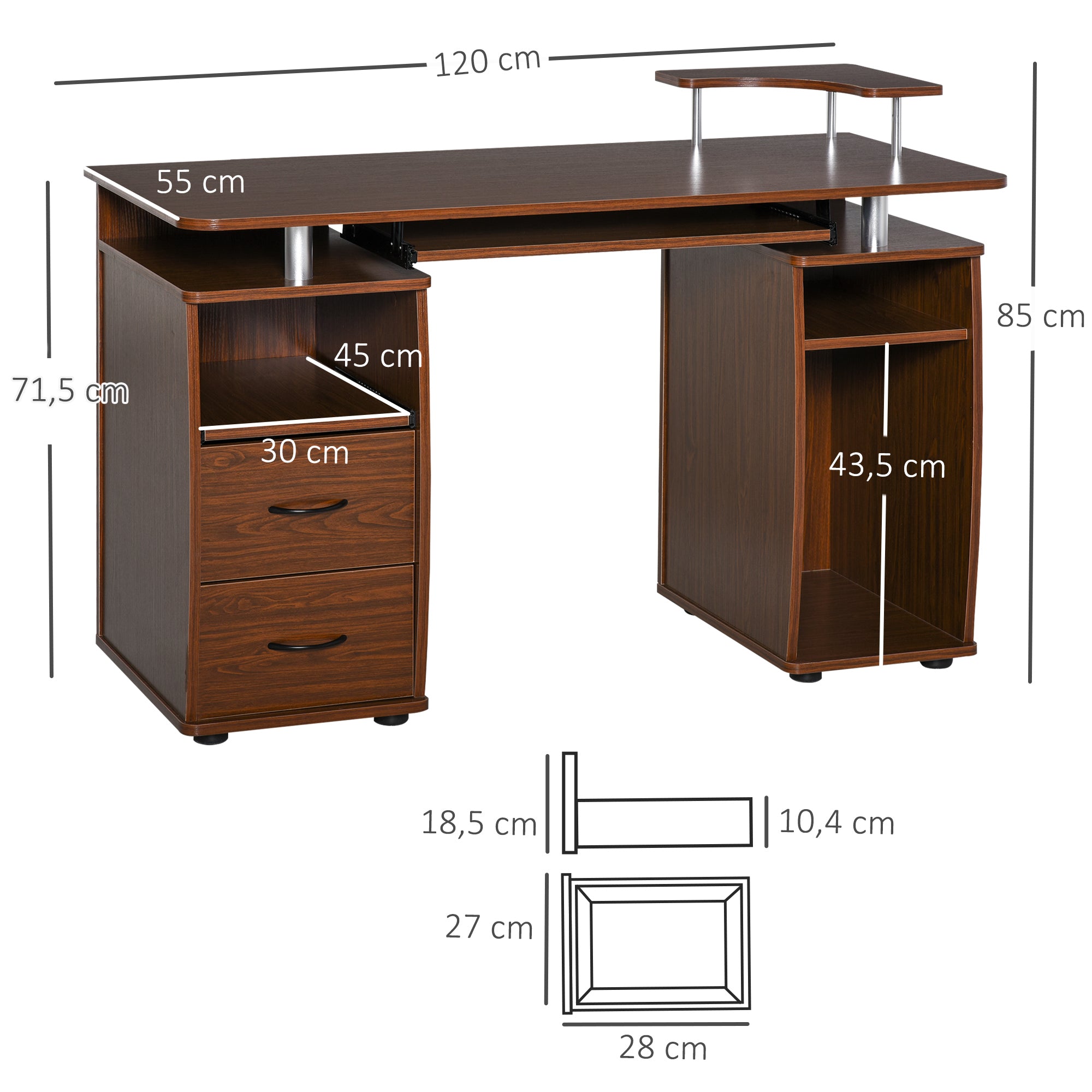 Secretária para Computador com Prateleiras e 2 Gavetas - Noz 120x55x85 cm
