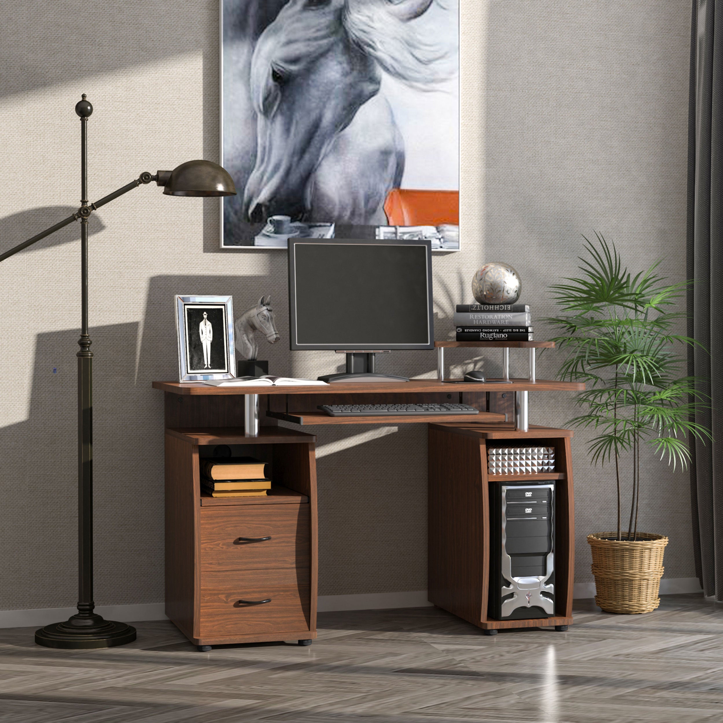 Secretária para Computador com Prateleiras e 2 Gavetas - Noz 120x55x85 cm
