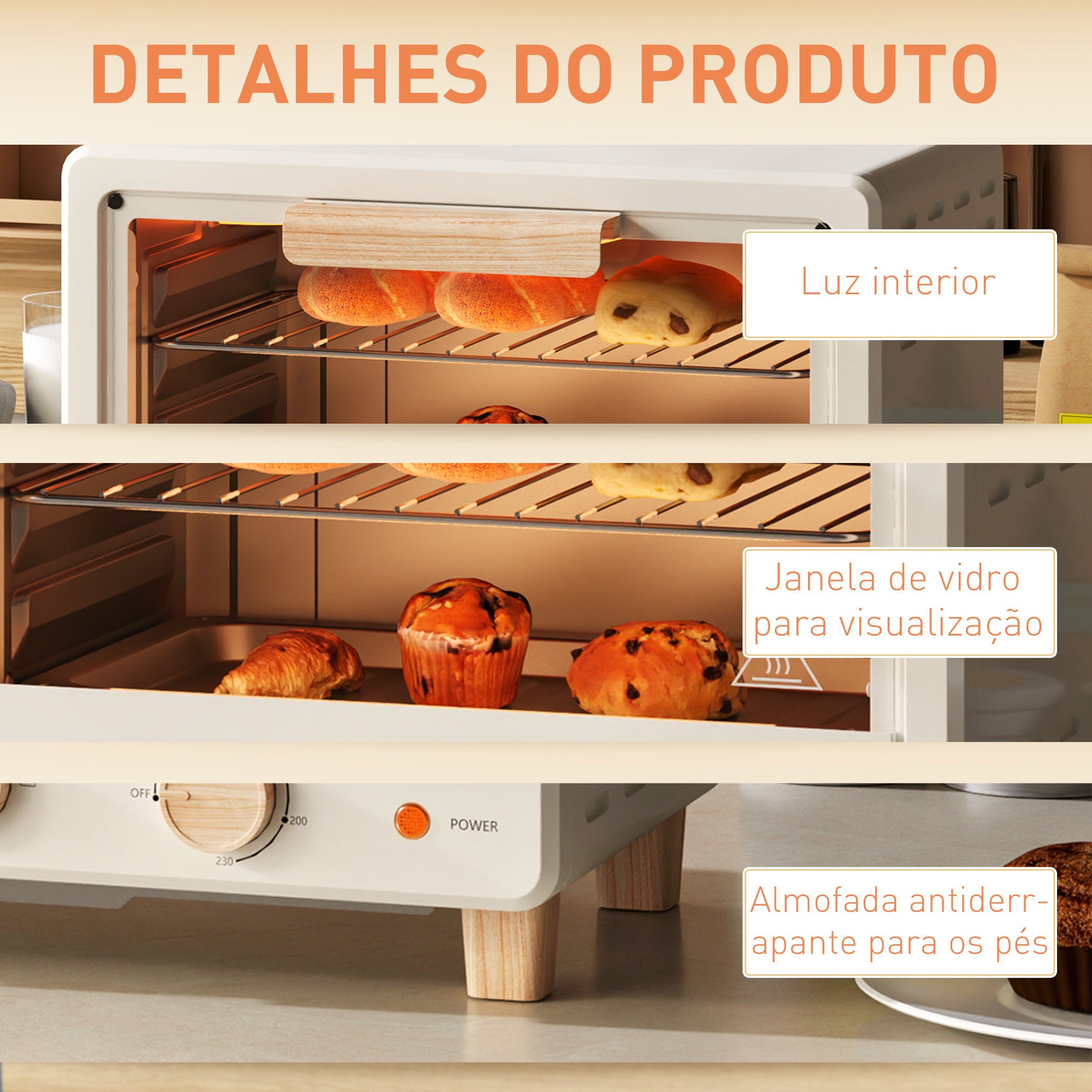 Mini Forno Elétrico – 39x27,5x28,8 cm – Creme – Aço inoxidável, vidro temperado e plástico