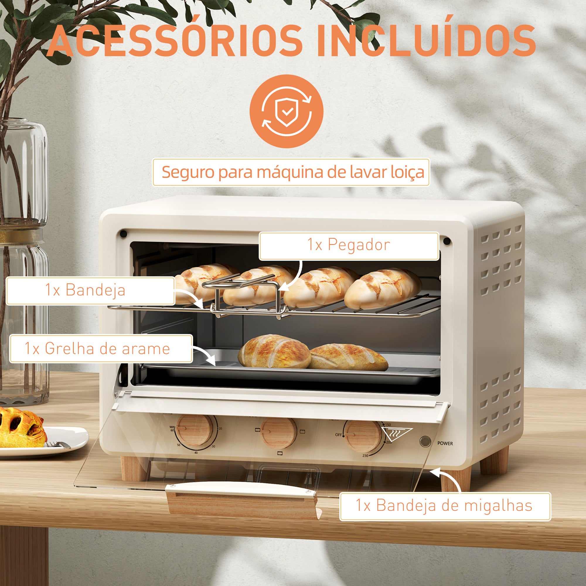 Mini Forno Elétrico – 39x27,5x28,8 cm – Creme – Aço inoxidável, vidro temperado e plástico