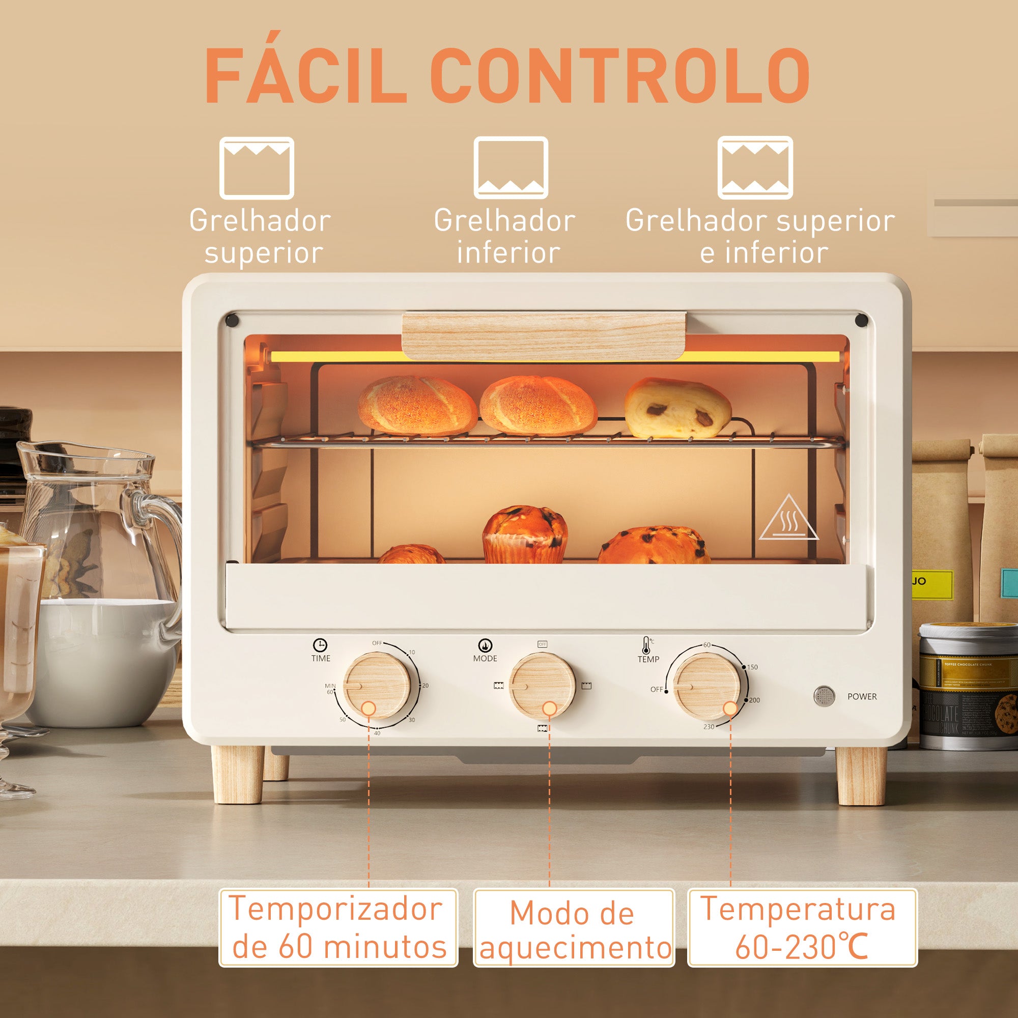Mini Forno Elétrico – 39x27,5x28,8 cm – Creme – Aço inoxidável, vidro temperado e plástico
