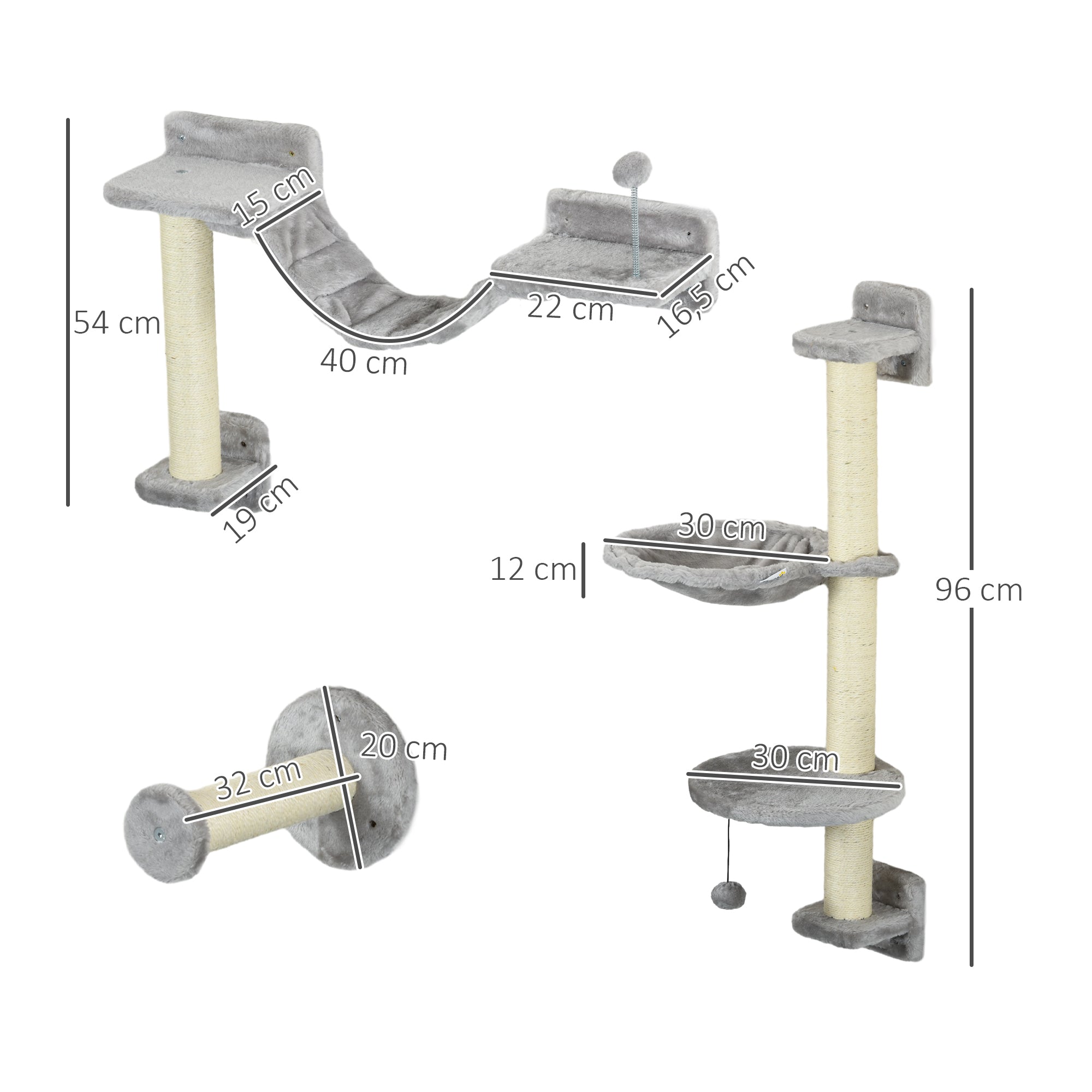 Conjunto de Prateleiras de Escalada para Gatos – 84,5x19x54 cm – Cinza – Aglomerado de madeira, pelúcia e sisal