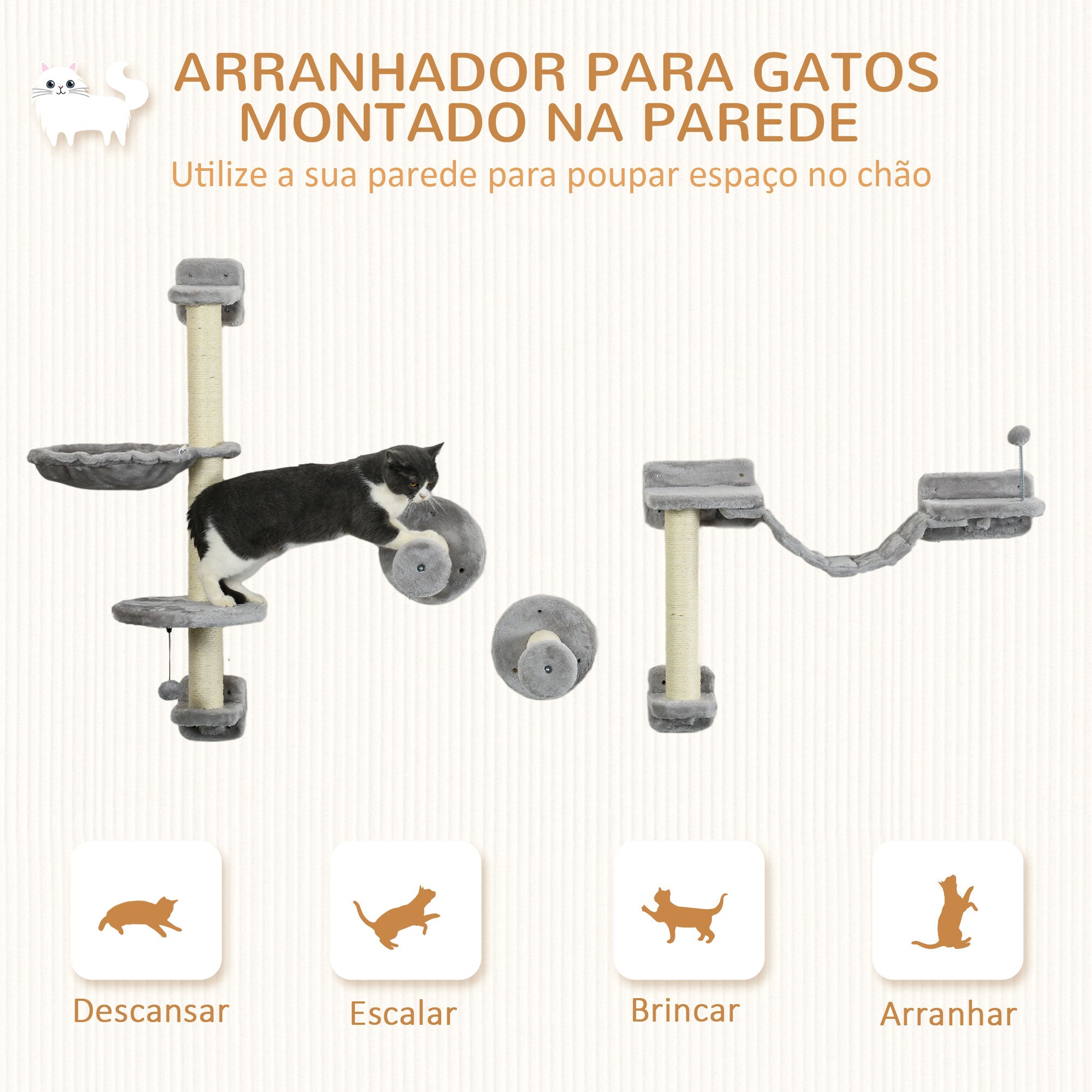 Conjunto de Prateleiras de Escalada para Gatos – 84,5x19x54 cm – Cinza – Aglomerado de madeira, pelúcia e sisal
