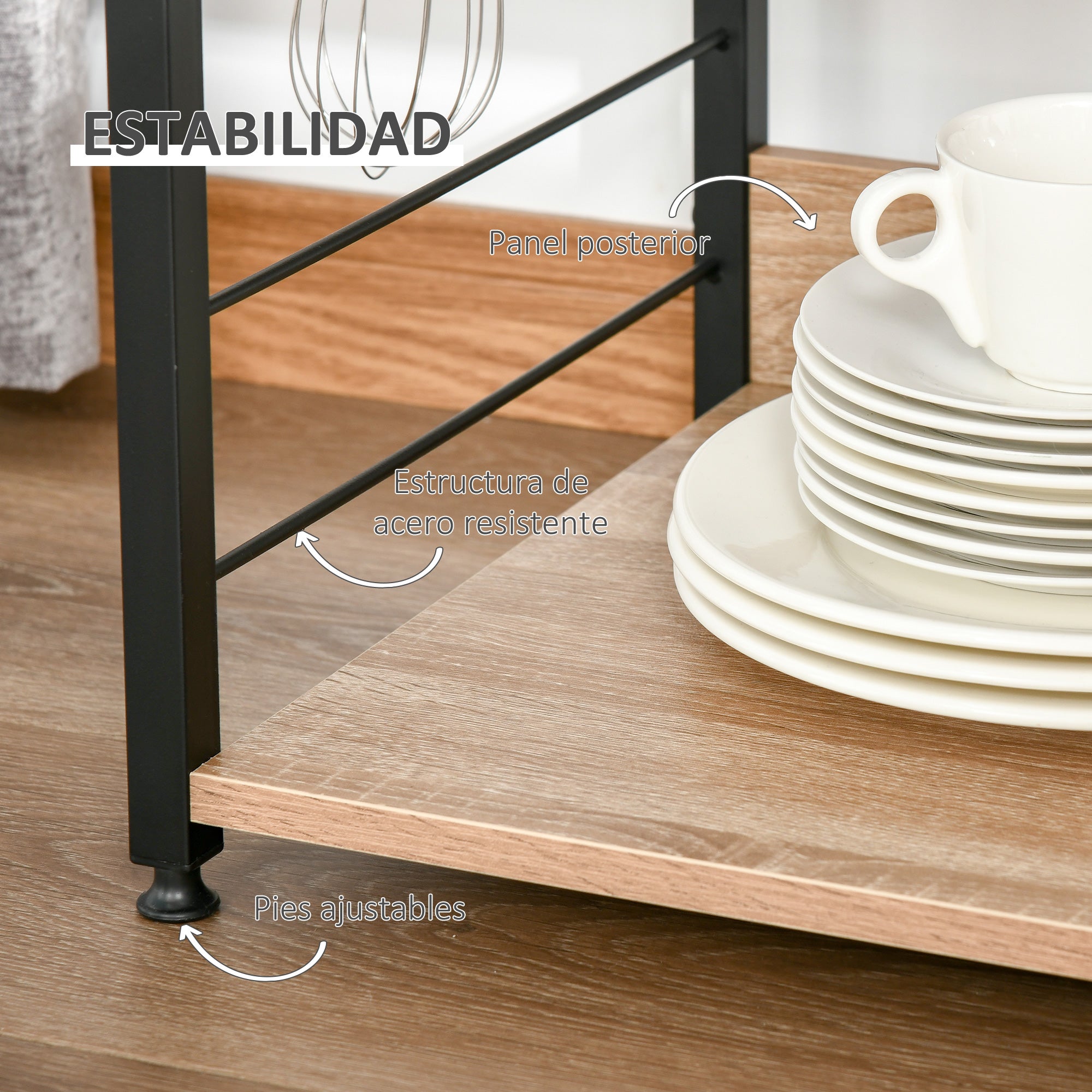 Estante de Cozinha com 4 Níveis e Ganchos - 60x40x125cm - Cor Madeira Natural