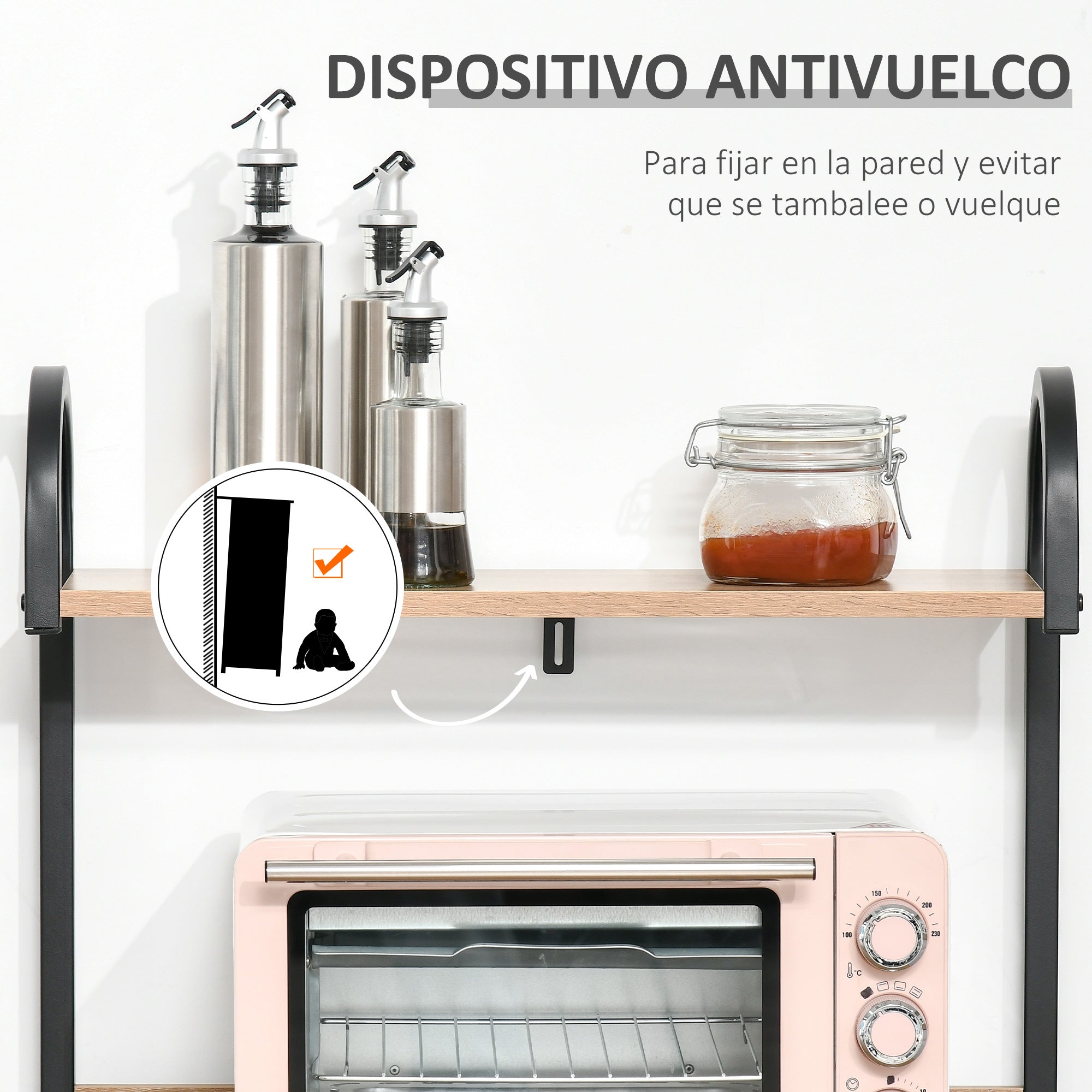 Estante de Cozinha com 4 Níveis e Ganchos - 60x40x125cm - Cor Madeira Natural