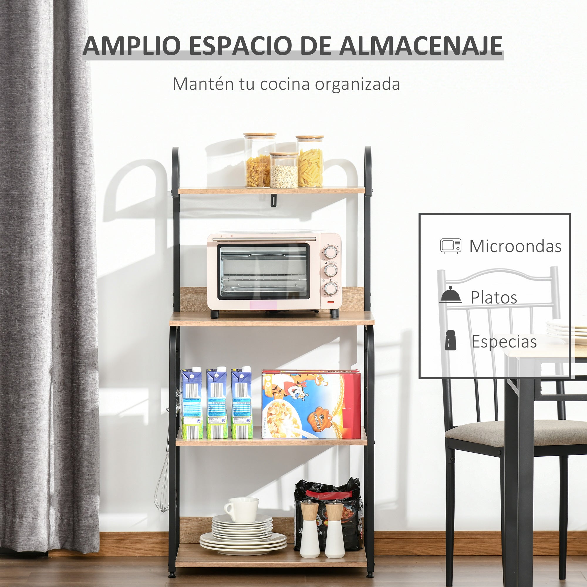 Estante de Cozinha com 4 Níveis e Ganchos - 60x40x125cm - Cor Madeira Natural