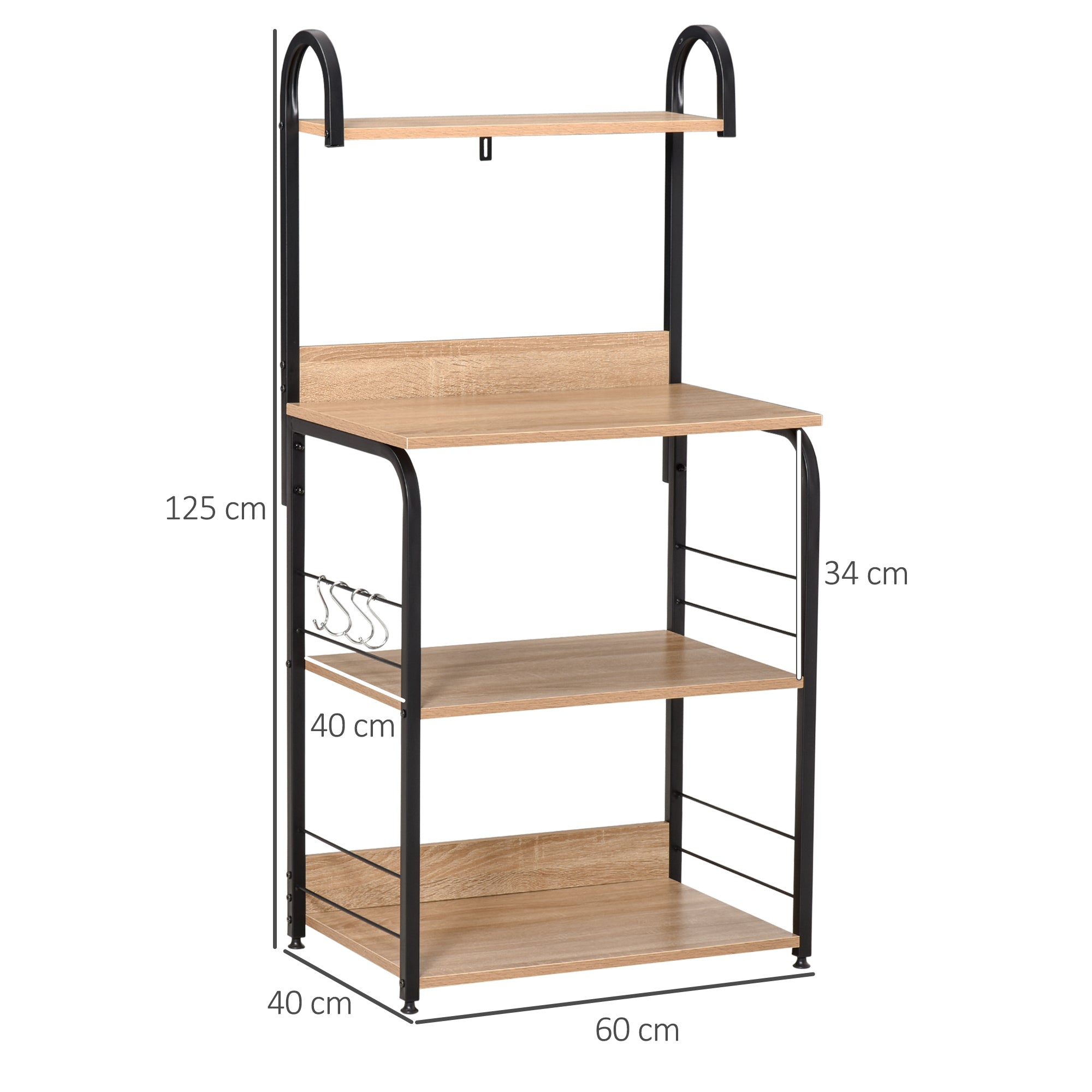 Estante de Cozinha com 4 Níveis e Ganchos - 60x40x125cm - Cor Madeira Natural