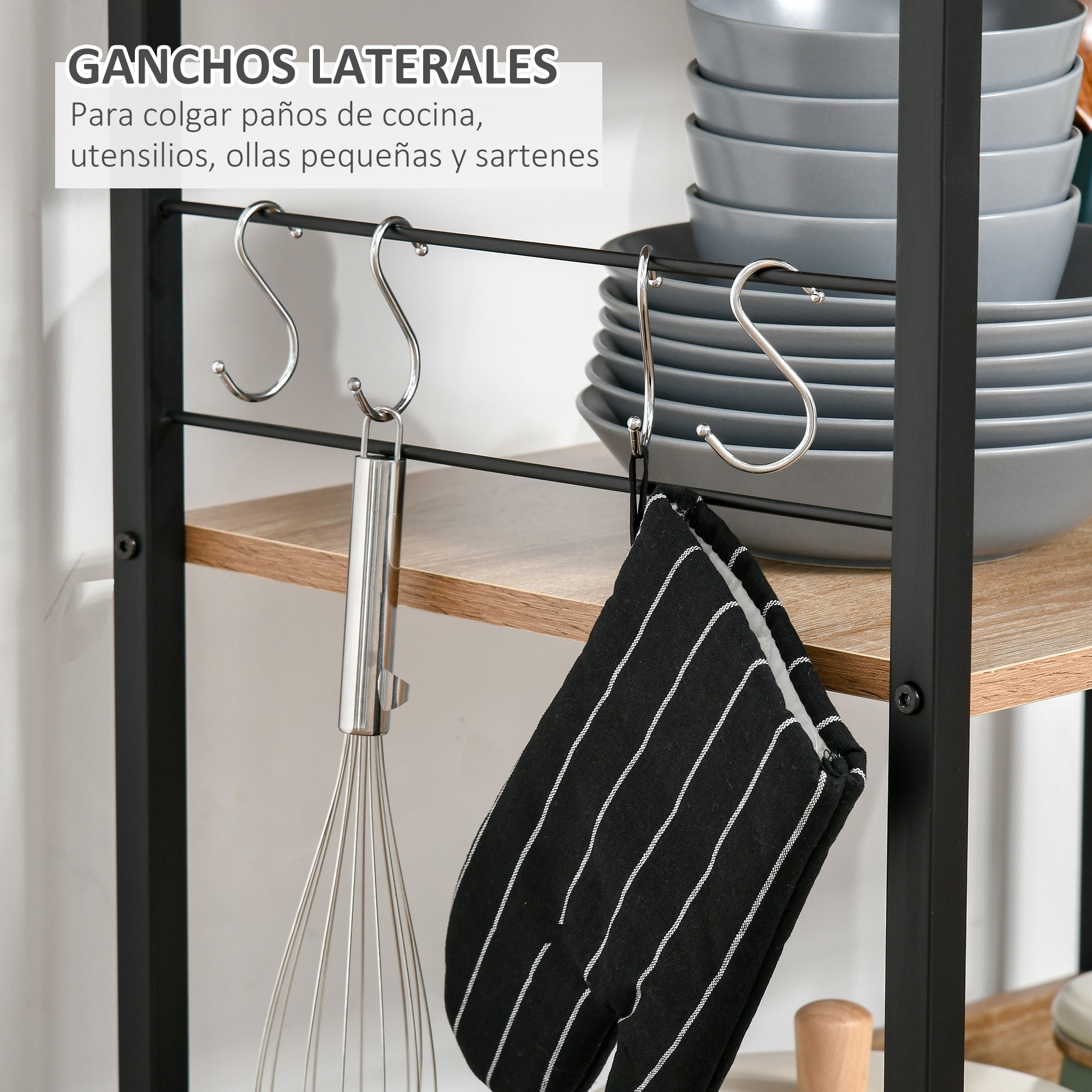 Estante de Cozinha com 4 Níveis e Ganchos - 60x40x125cm - Cor Madeira Natural