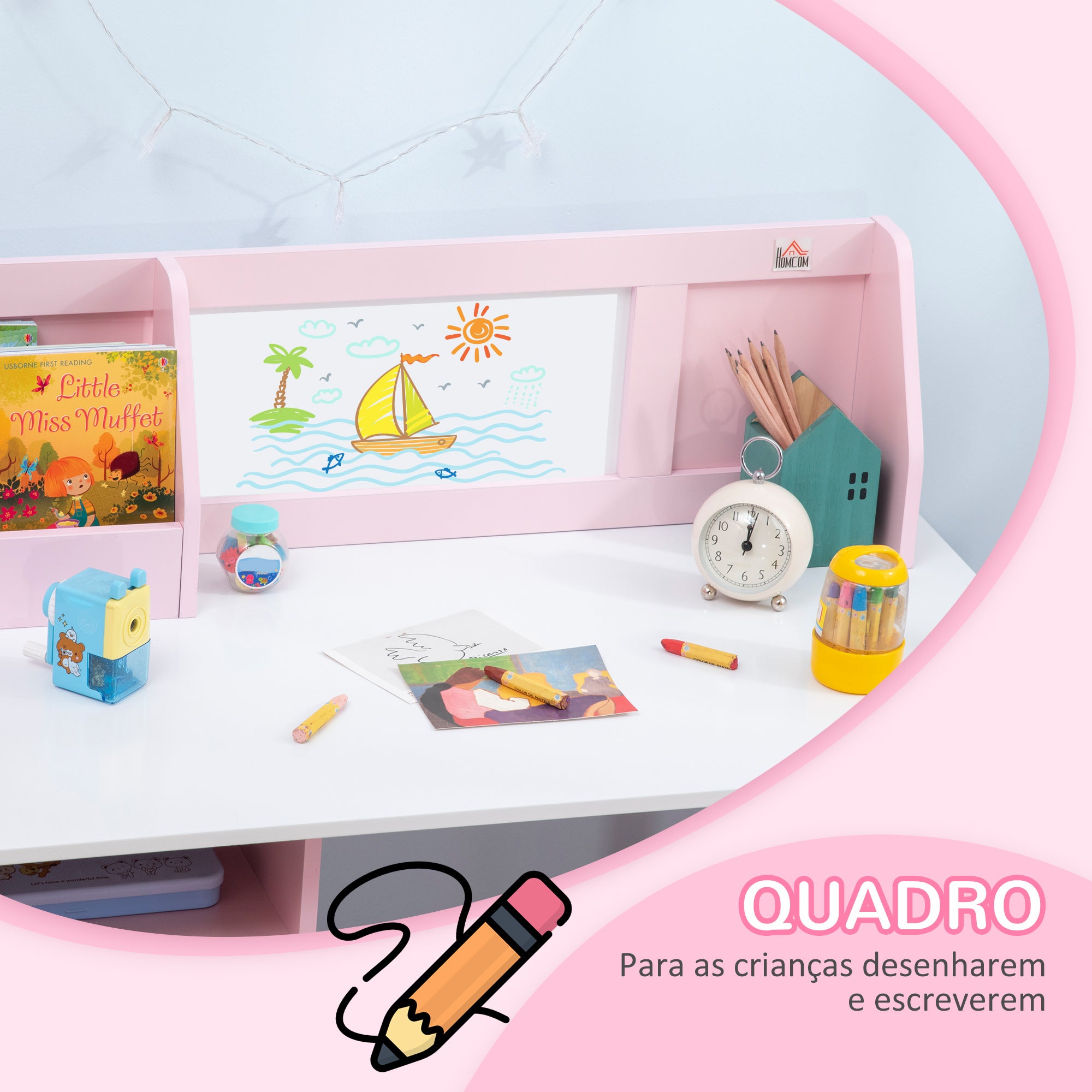 Mesa e Cadeira Infantil de Madeira com Quadro Branco 90x45x85 cm - Rosa