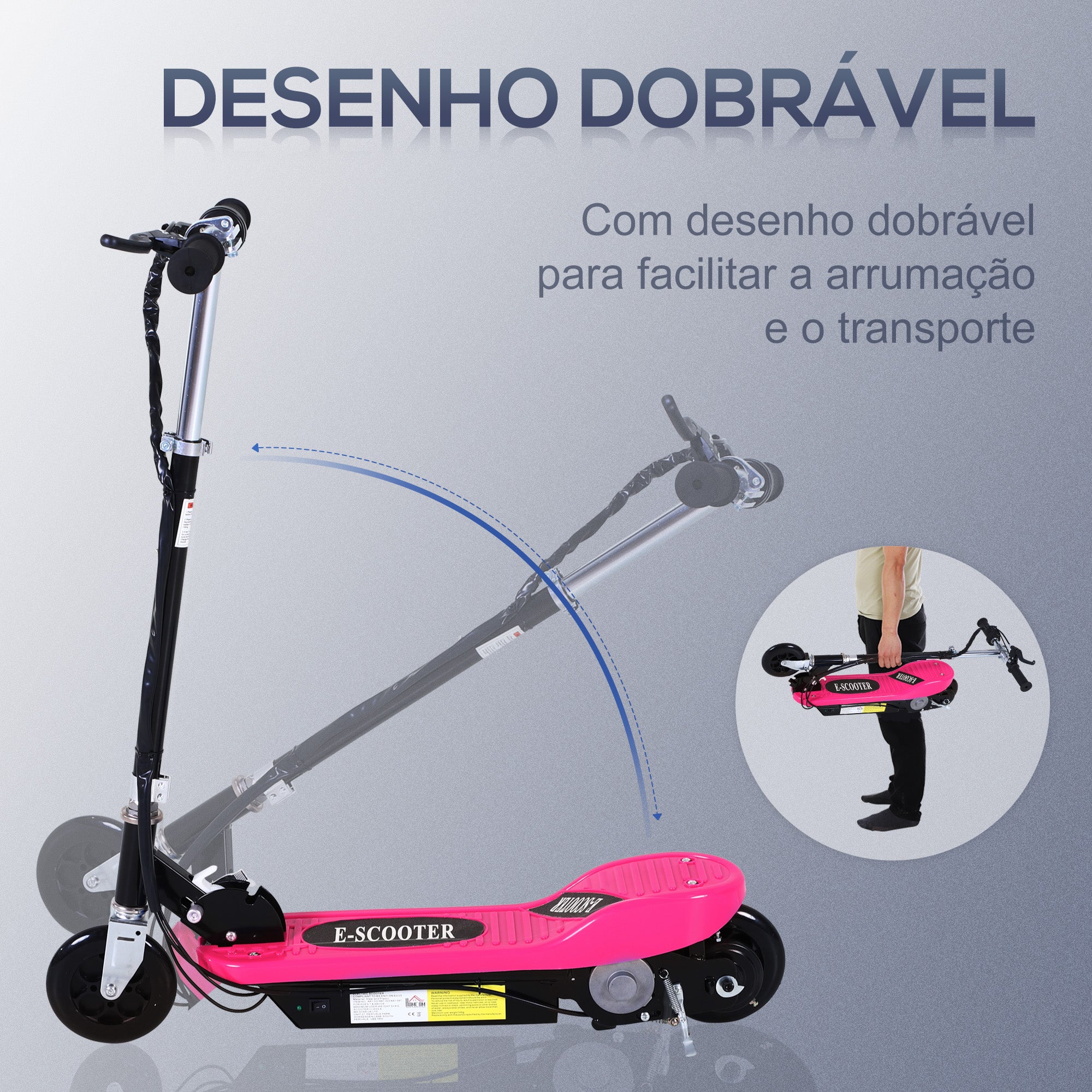 Trotinete Elétrica Dobrável para Crianças - Rosa 78x37x91-99cm