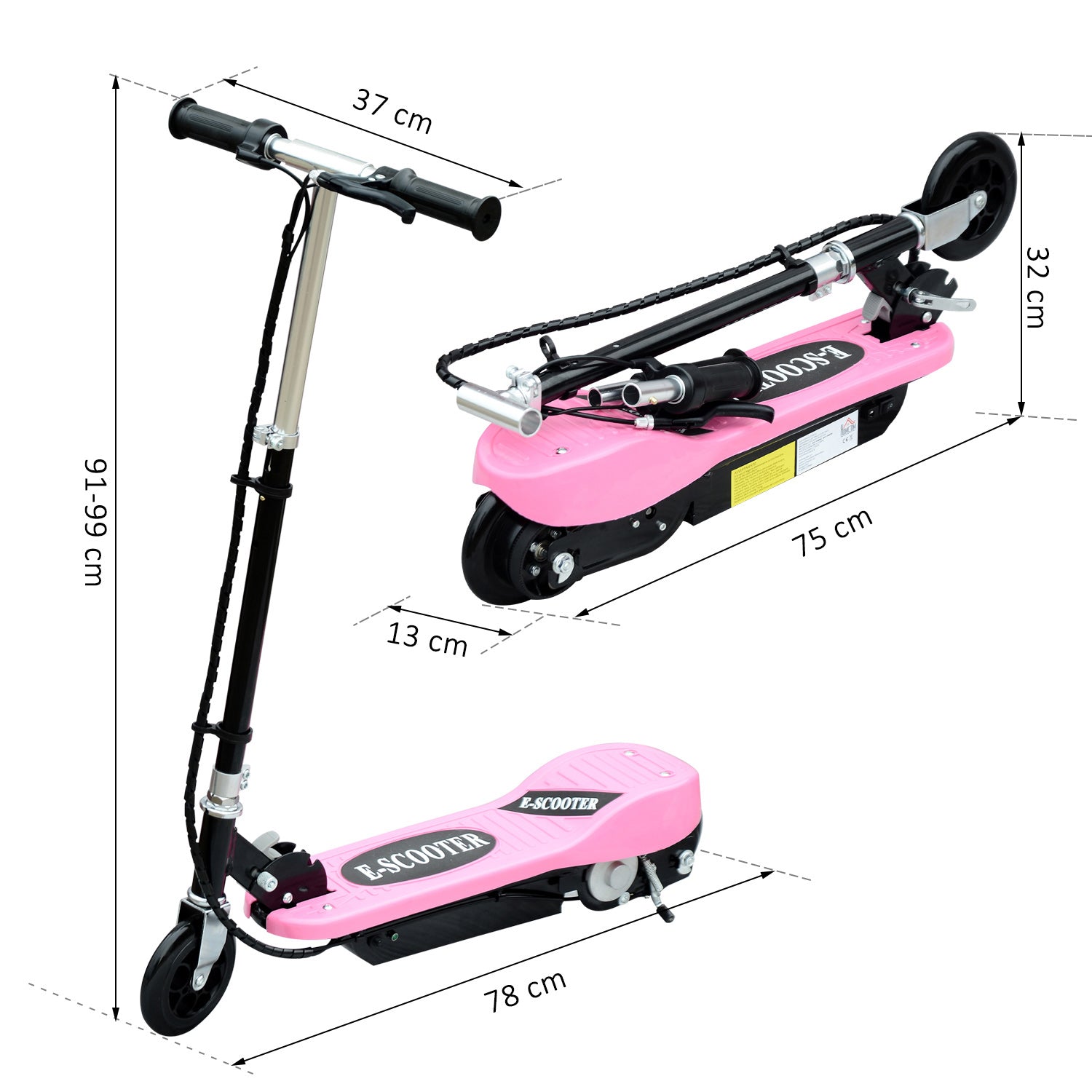 Trotinete Elétrica Dobrável para Crianças - Rosa 78x37x91-99cm