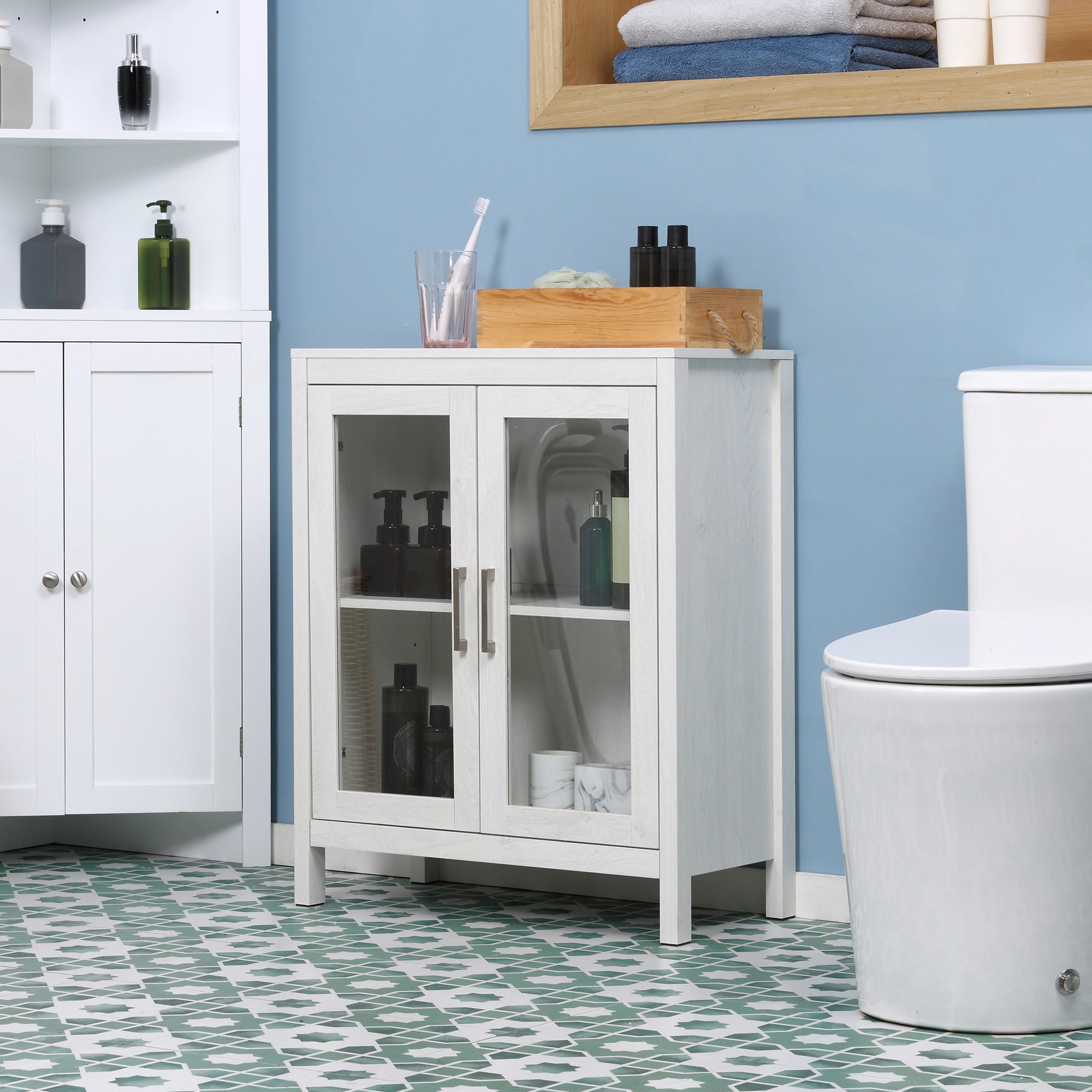 Armário de Casa de Banho com Porta de Vidro e Prateleira Ajustável 60x30x75cm - Branco