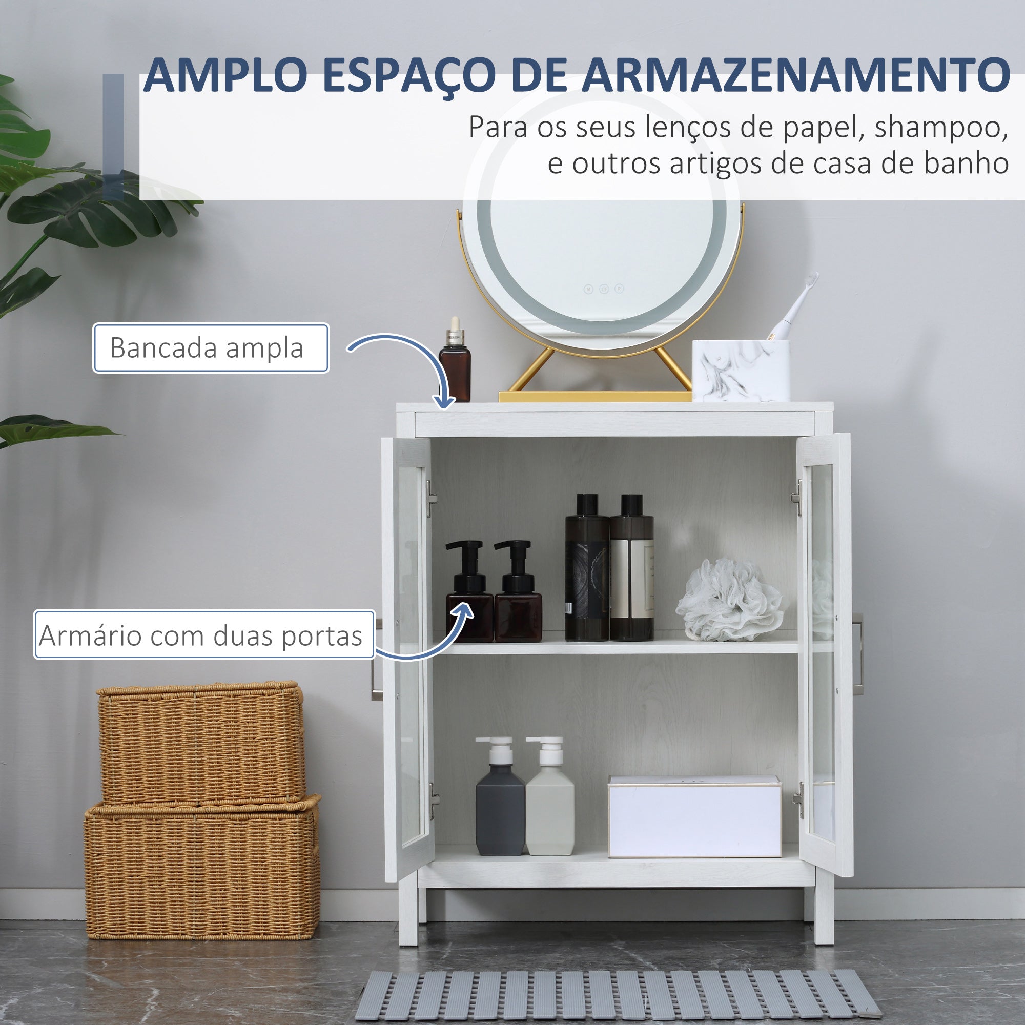 Armário de Casa de Banho com Porta de Vidro e Prateleira Ajustável 60x30x75cm - Branco