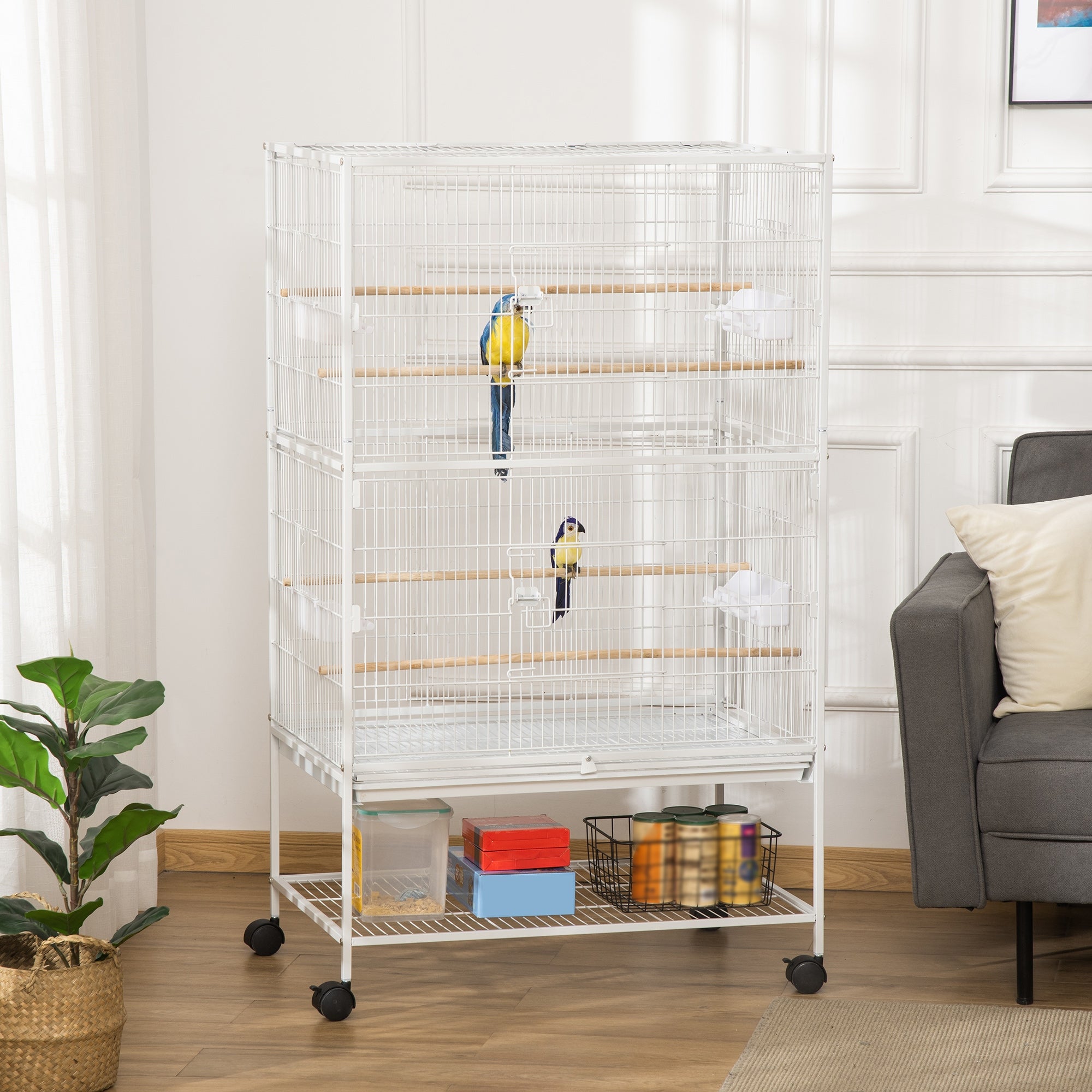 Gaiola para Pássaros Branca 78x52x132cm com Rodas, Bandeja Amovível e Prateleira