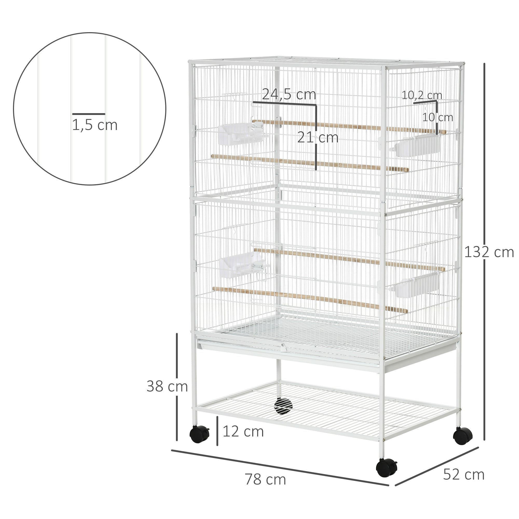 Gaiola para Pássaros Branca 78x52x132cm com Rodas, Bandeja Amovível e Prateleira