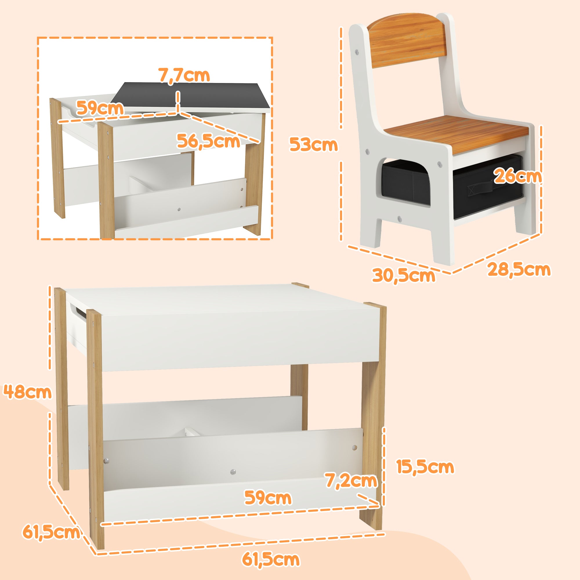 Conjunto de Mesa e 2 Cadeiras Infantis – 61,5x61,5x48 cm – Cinza – MDF
