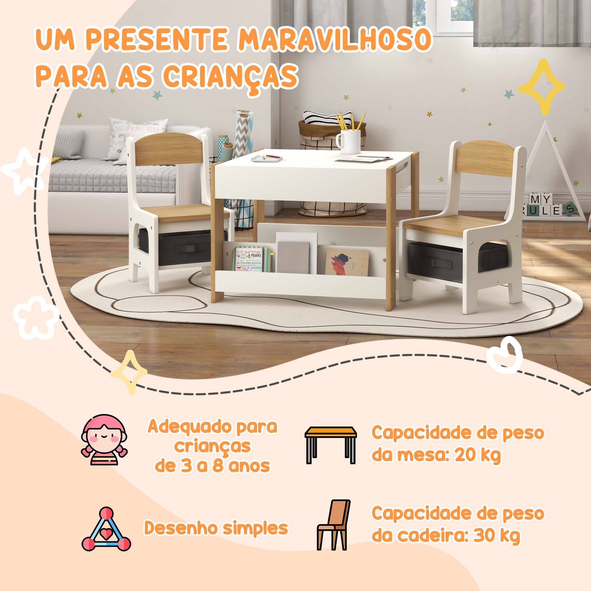 Conjunto de Mesa e 2 Cadeiras Infantis – 61,5x61,5x48 cm – Cinza – MDF