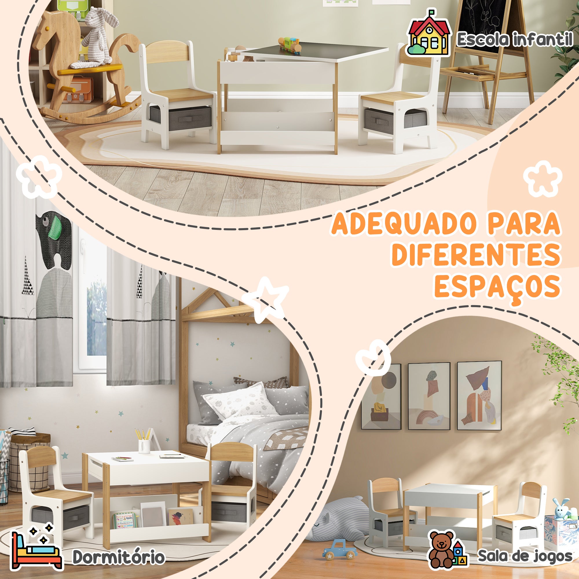Conjunto de Mesa e 2 Cadeiras Infantis – 61,5x61,5x48 cm – Cinza – MDF