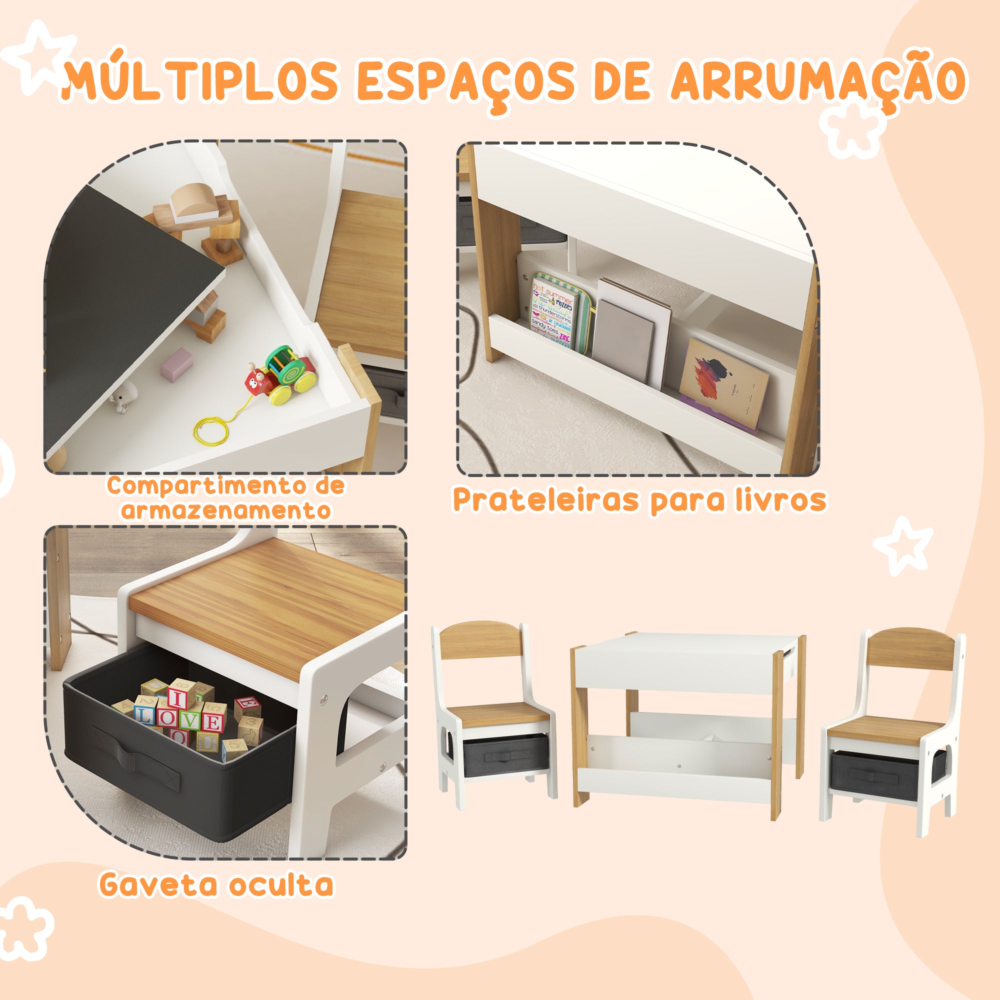Conjunto de Mesa e 2 Cadeiras Infantis – 61,5x61,5x48 cm – Cinza – MDF