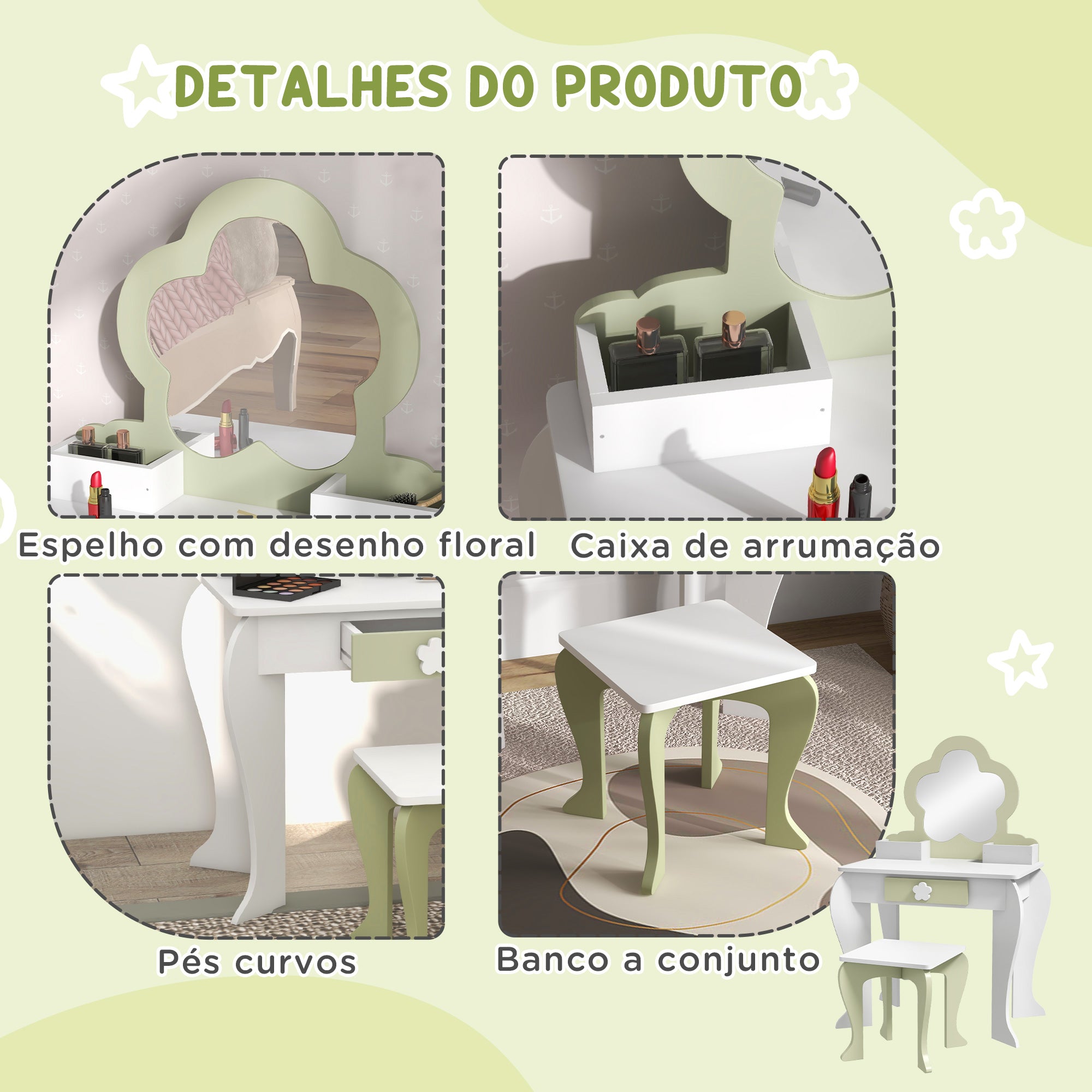 Toucador para Crianças 55x34x87,5 cm Branco e Verde Pastel