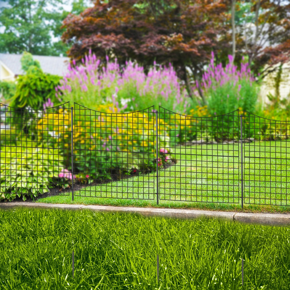 Valla de Jardim Decorativa com 5 Painéis e 6 Estacas Barreira de Exterior para Animais de Estimação Revestimento em Pó 87 X 98 cm Preto