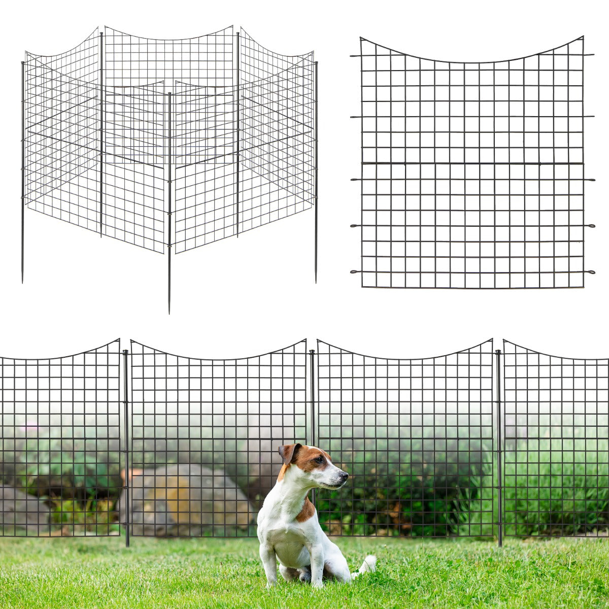 Valla de Jardim Decorativa com 5 Painéis e 6 Estacas Barreira de Exterior para Animais de Estimação Revestimento em Pó 87 X 98 cm Preto
