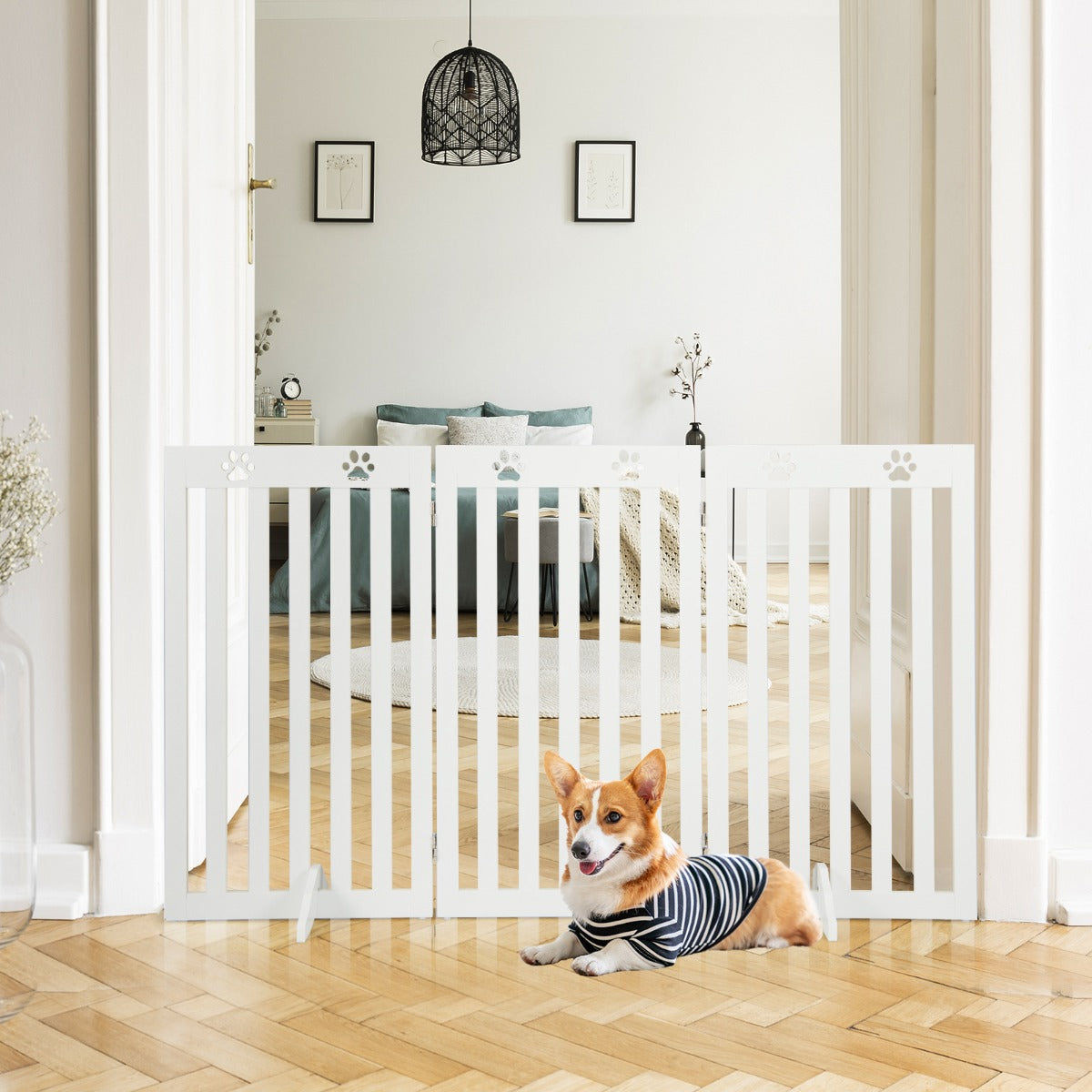 Valla de Seguridad Extra Larga para Cães com 2 Pés de Apoio de 3 Painéis Barreira Interior Independente para Escadas 50 x 89 cm Branco