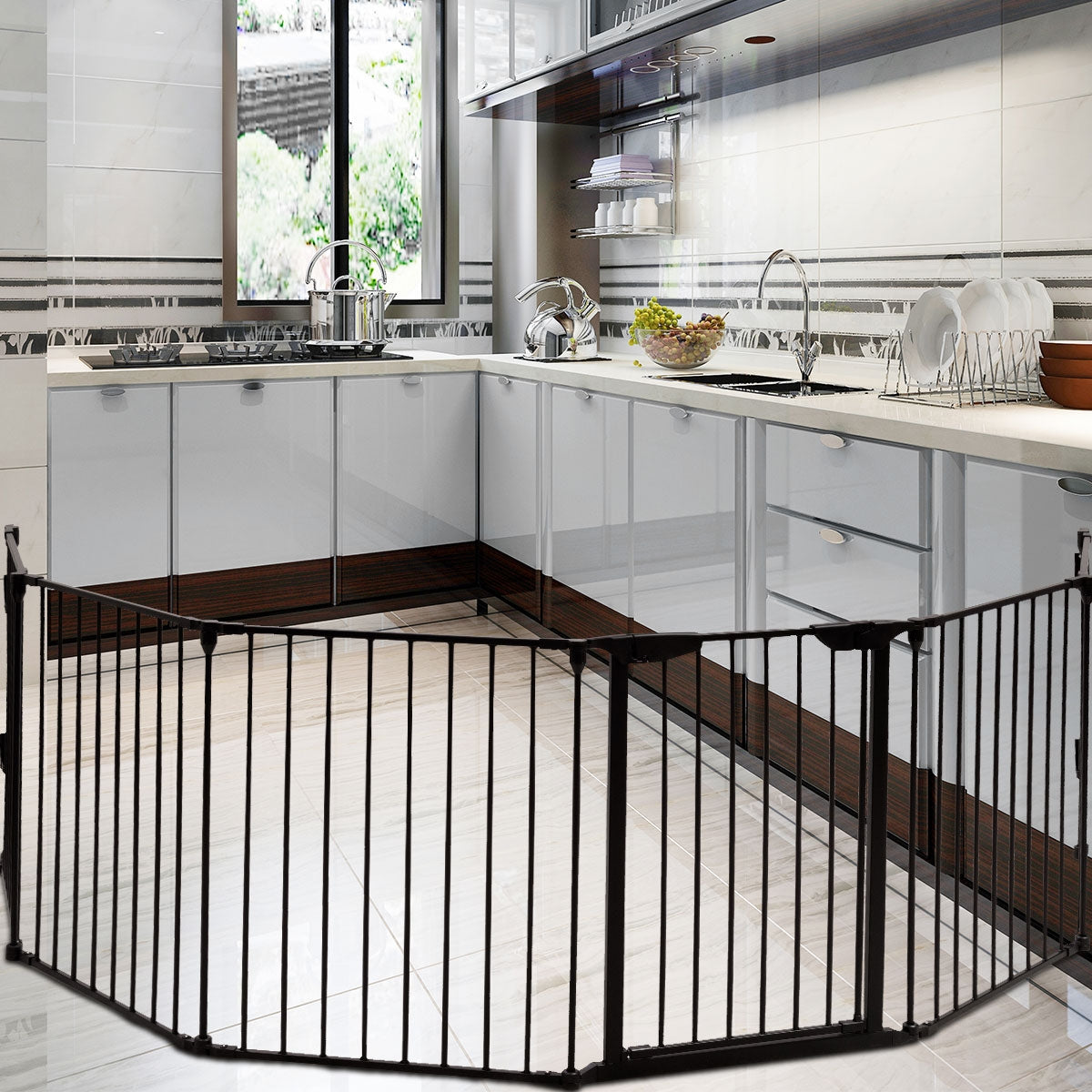 Parque  de Segurança para Crianças, Animais e Lareira em Metal Dobrável de 3,8 m para Proteção de Cães - Preto