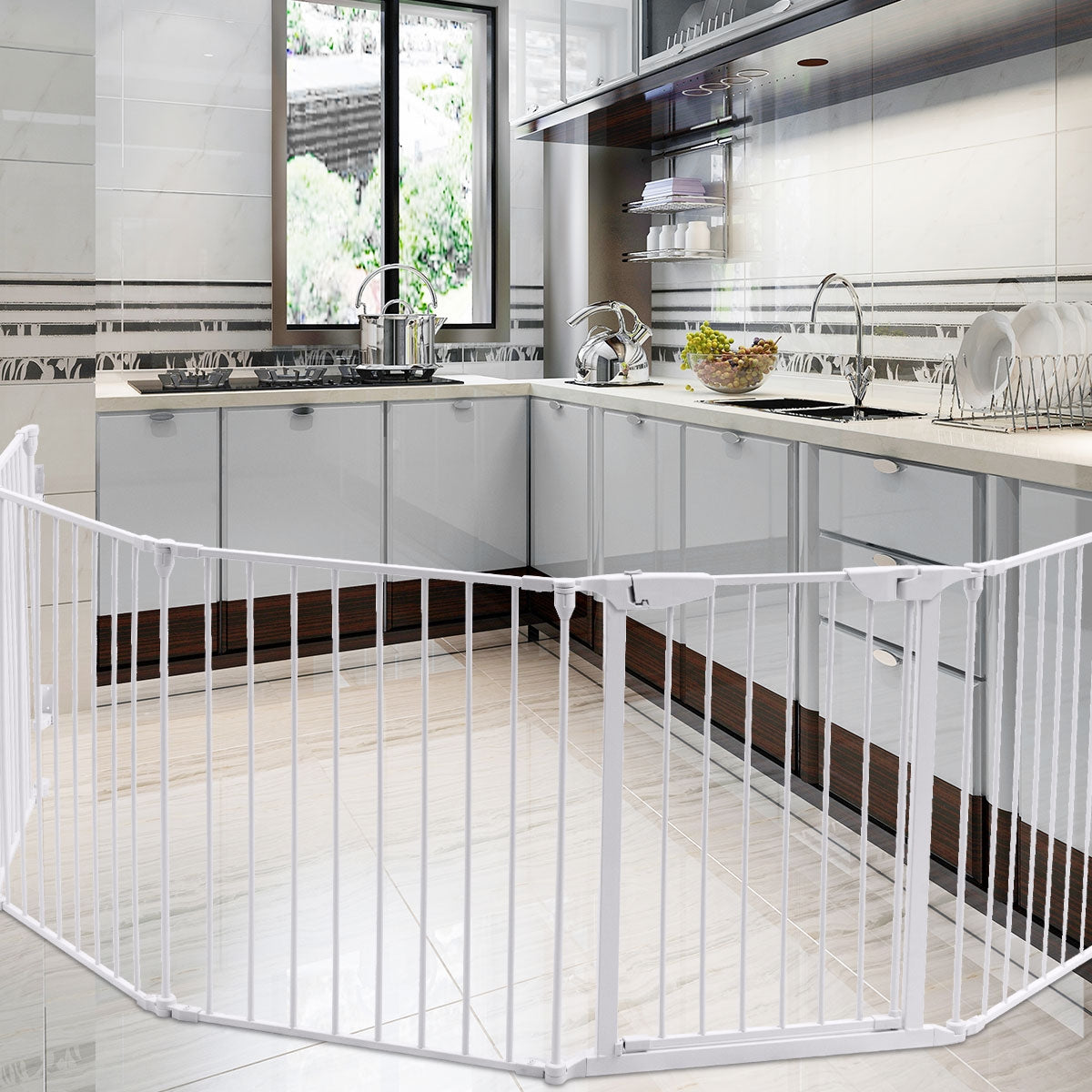 Parque  de Segurança para Crianças, Animais e Lareira em Metal Dobrável 3,8m Branco