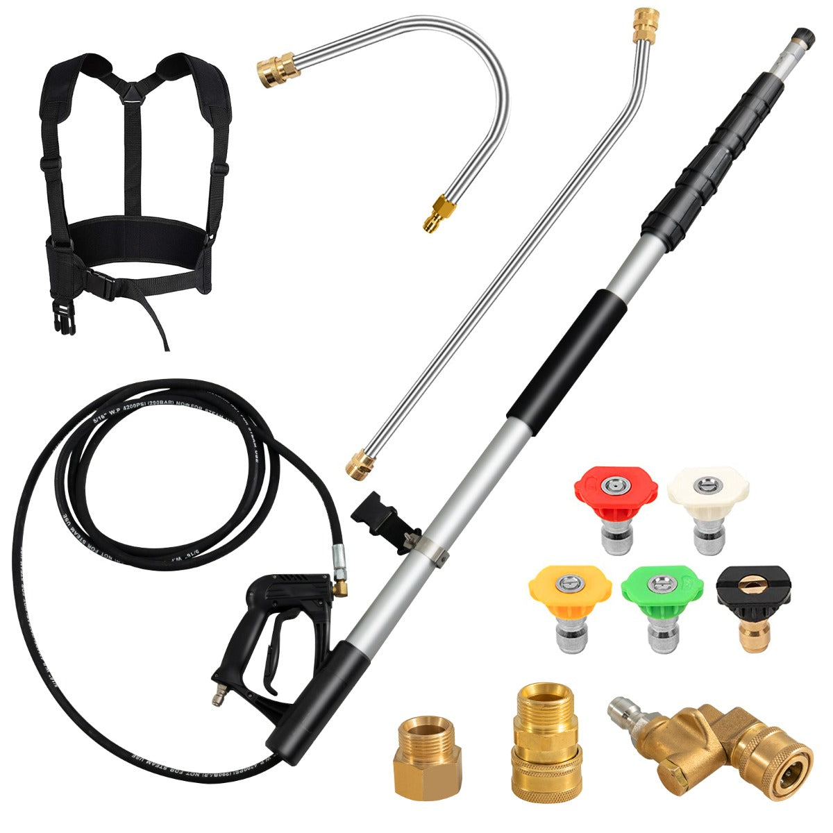 Vara Extensível de 550 CM para Hidrolavadoras com 5 Bocais de Jato 2 Adaptadores Acoplador Giratório e Arnês de Suporte Preto