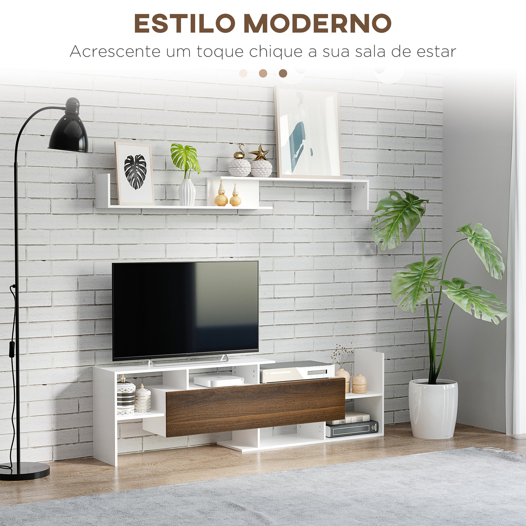 Móvel de TV Moderno 153,6x25x42 cm Branco e Marrom