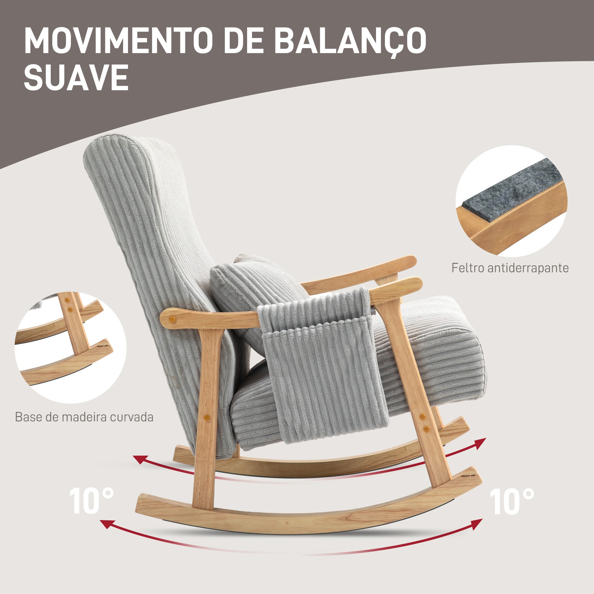 Poltrona Baloiço Moderna – 65x90x98 cm – Cinzento – Veludo