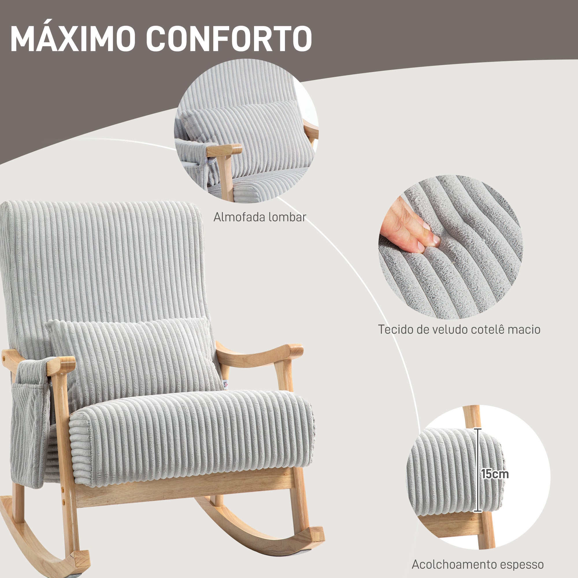 Poltrona Baloiço Moderna – 65x90x98 cm – Cinzento – Veludo