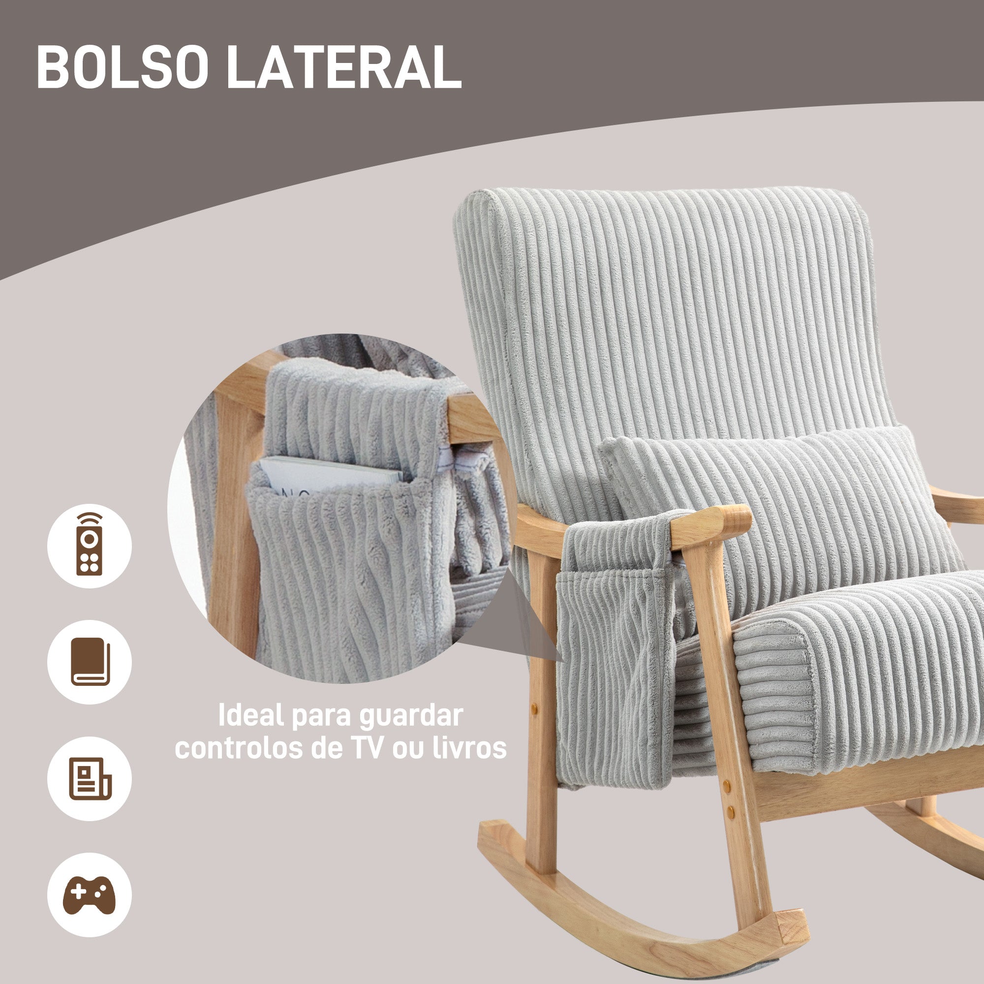 Poltrona Baloiço Moderna – 65x90x98 cm – Cinzento – Veludo