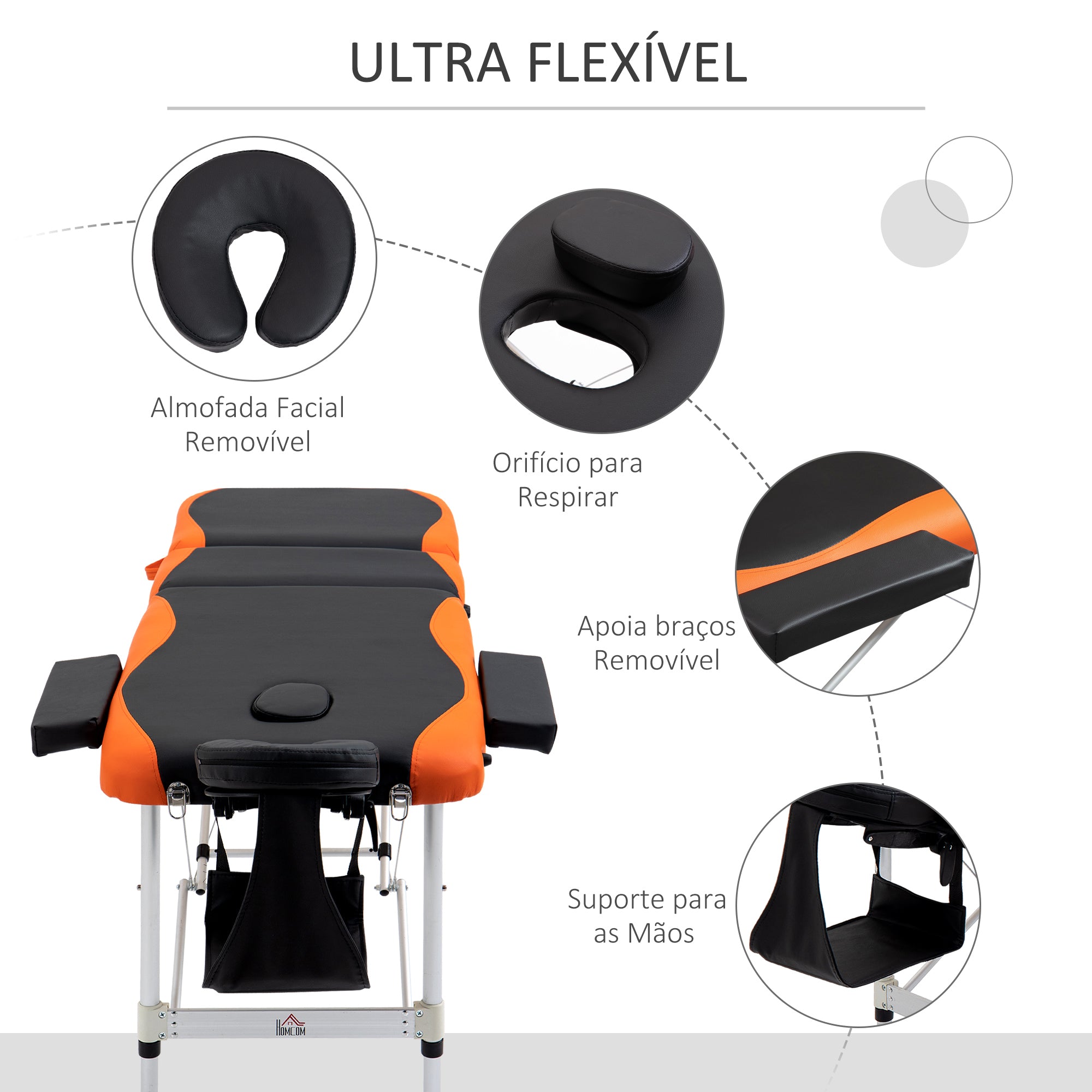 Marquesa de Massagem Dobrável e Portátil 180x60x62-82 cm Laranja e Preto