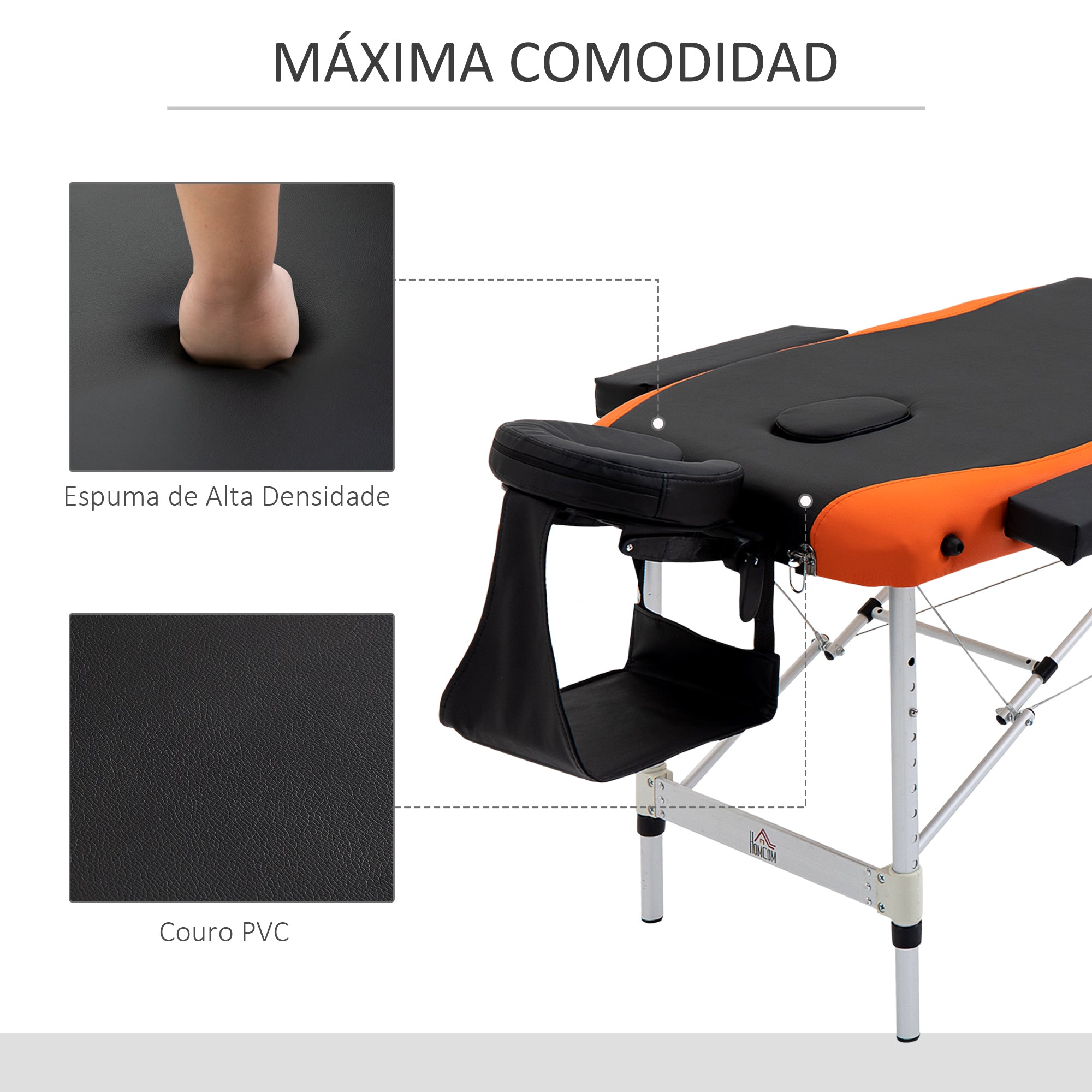 Marquesa de Massagem Dobrável e Portátil 180x60x62-82 cm Laranja e Preto