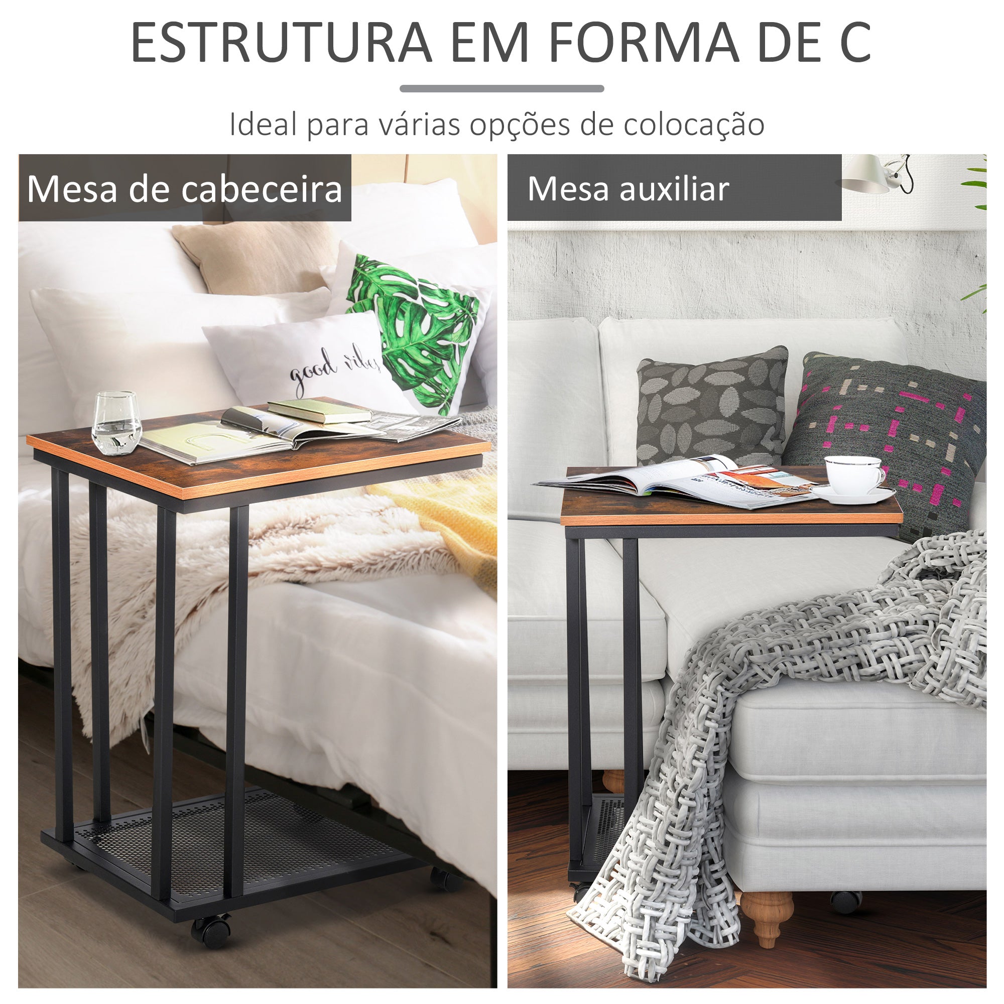 Mesa Auxiliar Estilo Retro de Aço e Madeira 51x36x65cm - Preto e Cor de Madeira
