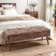 Banco Acolchoado Clássico – 114x38x42 cm – Marrom – Tecido PU e Madeira de Borracha