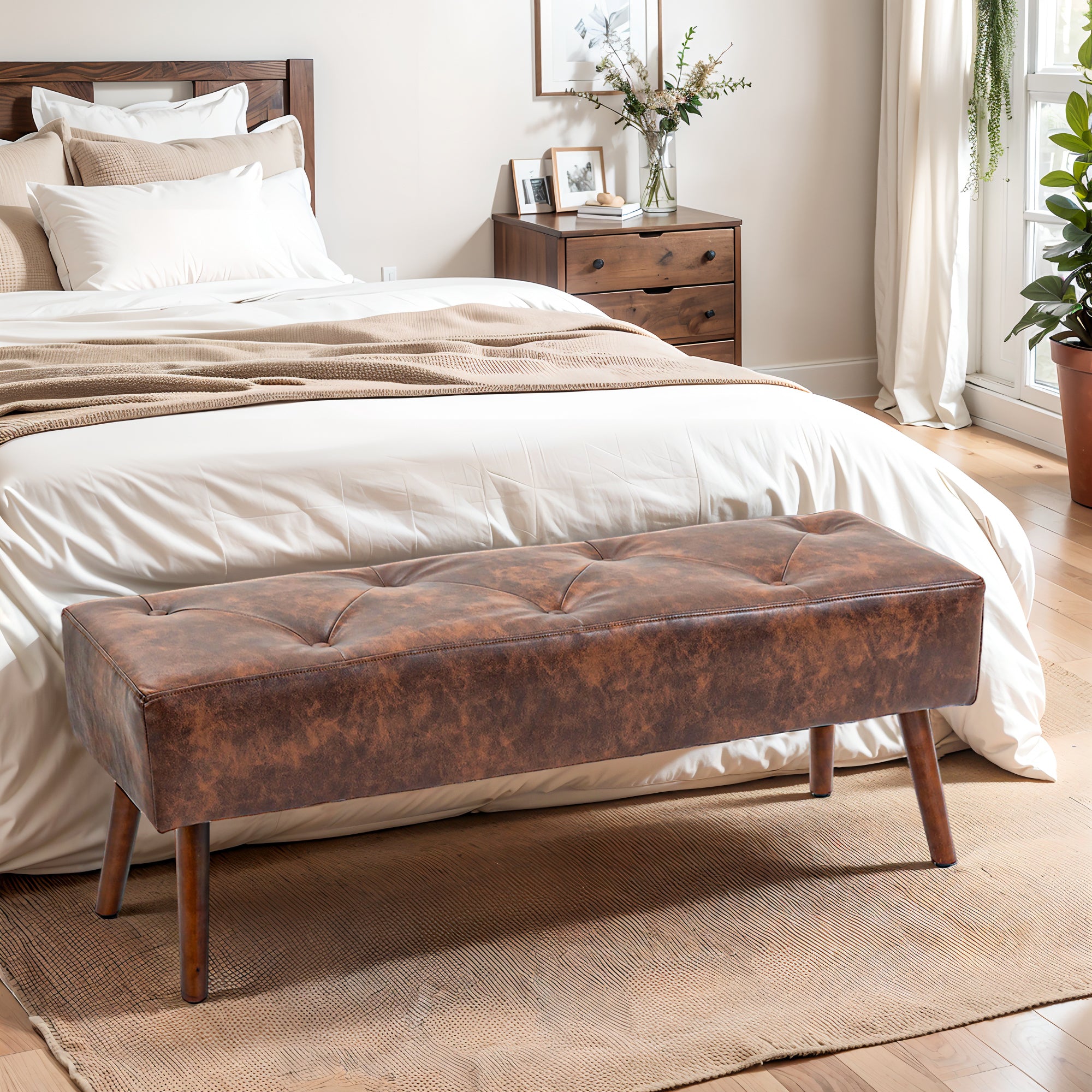 Banco Acolchoado Clássico – 114x38x42 cm – Marrom – Tecido PU e Madeira de Borracha
