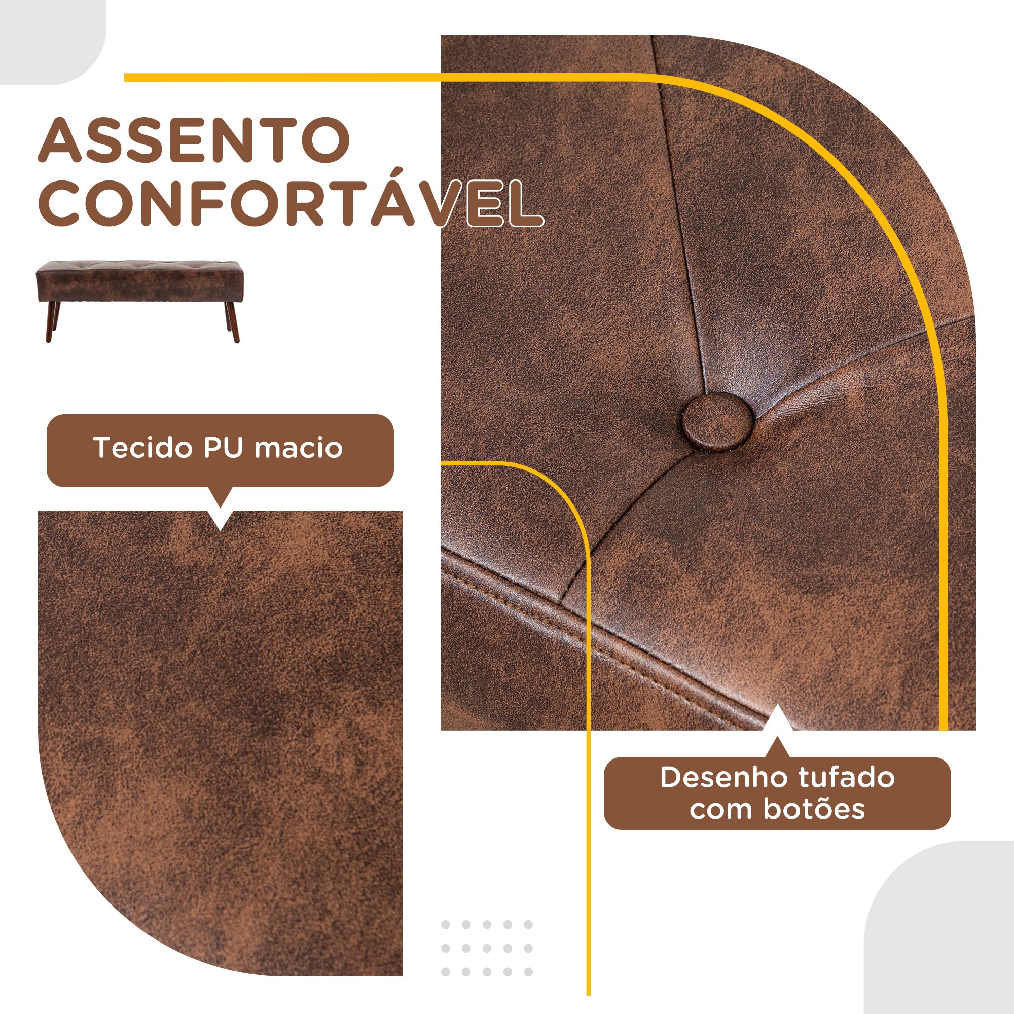 Banco Acolchoado Clássico – 114x38x42 cm – Marrom – Tecido PU e Madeira de Borracha