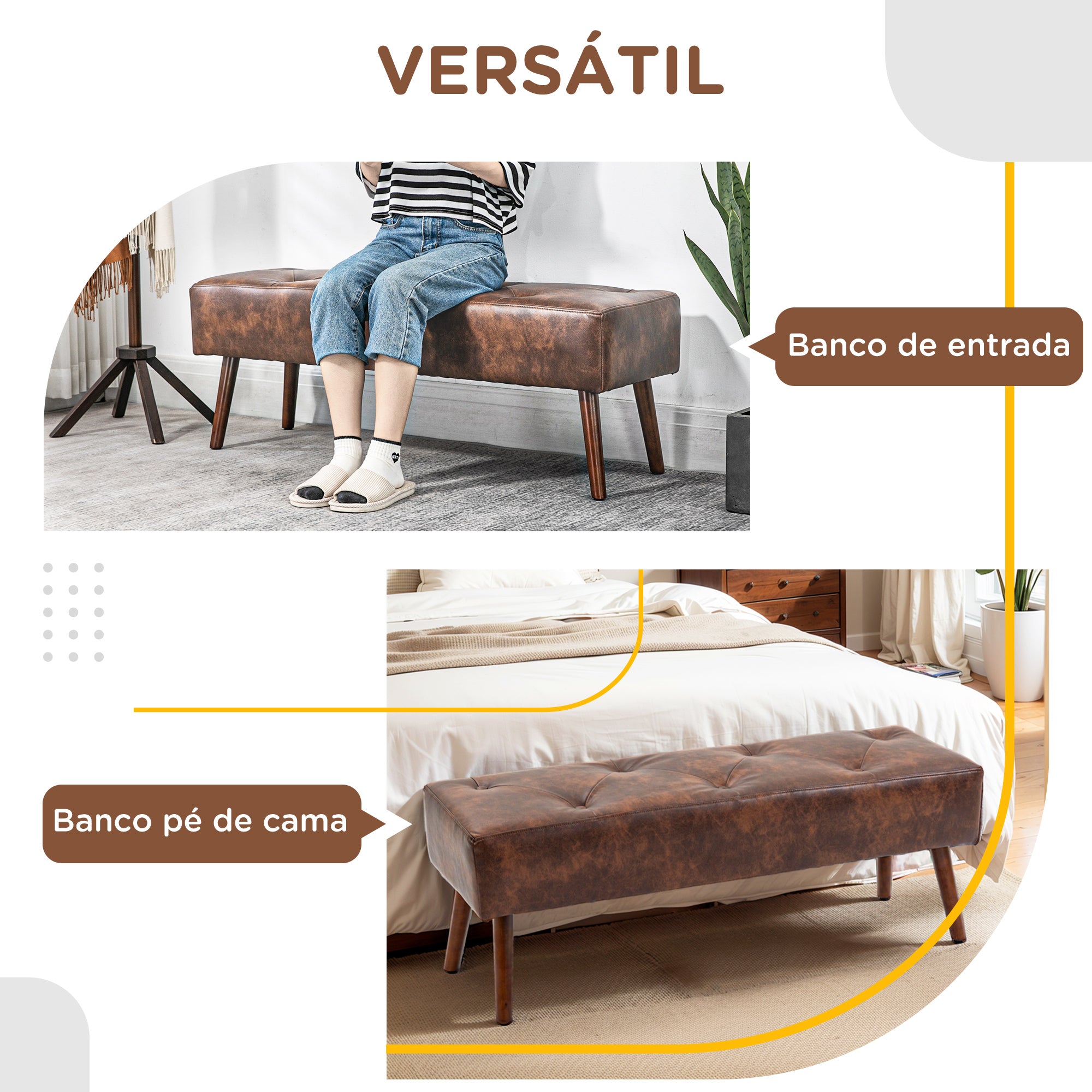 Banco Acolchoado Clássico – 114x38x42 cm – Marrom – Tecido PU e Madeira de Borracha