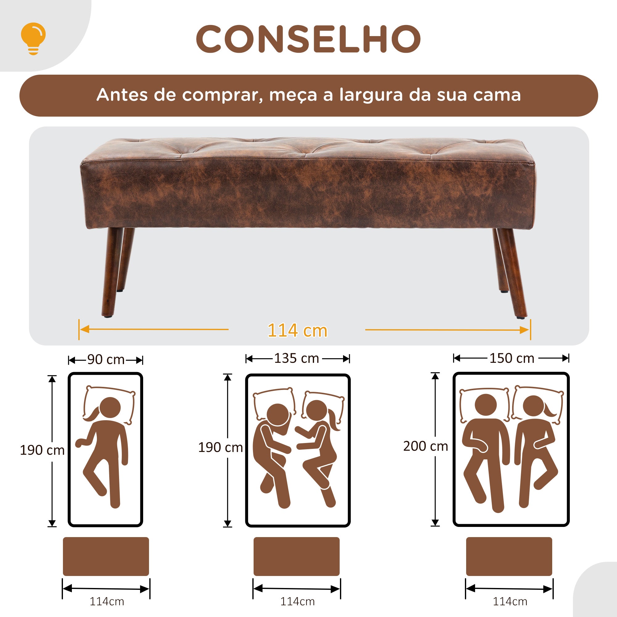 Banco Acolchoado Clássico – 114x38x42 cm – Marrom – Tecido PU e Madeira de Borracha