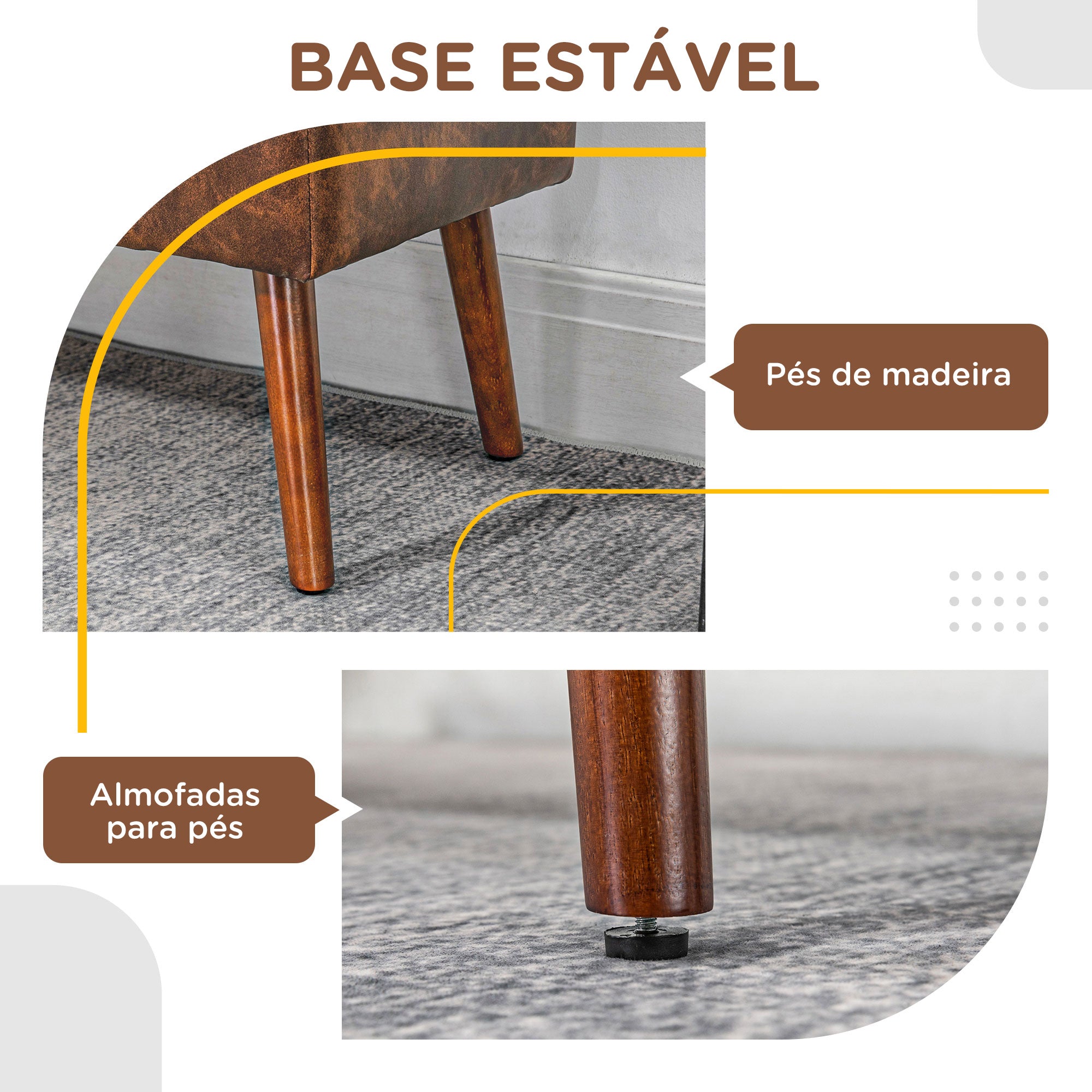 Banco Acolchoado Clássico – 114x38x42 cm – Marrom – Tecido PU e Madeira de Borracha