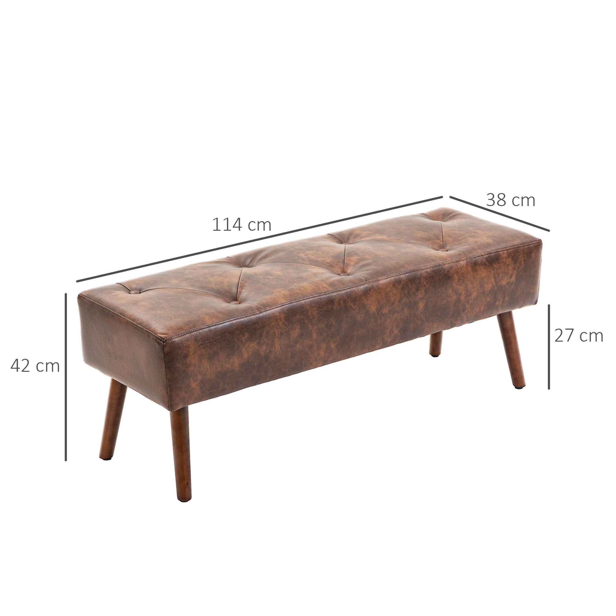 Banco Acolchoado Clássico – 114x38x42 cm – Marrom – Tecido PU e Madeira de Borracha