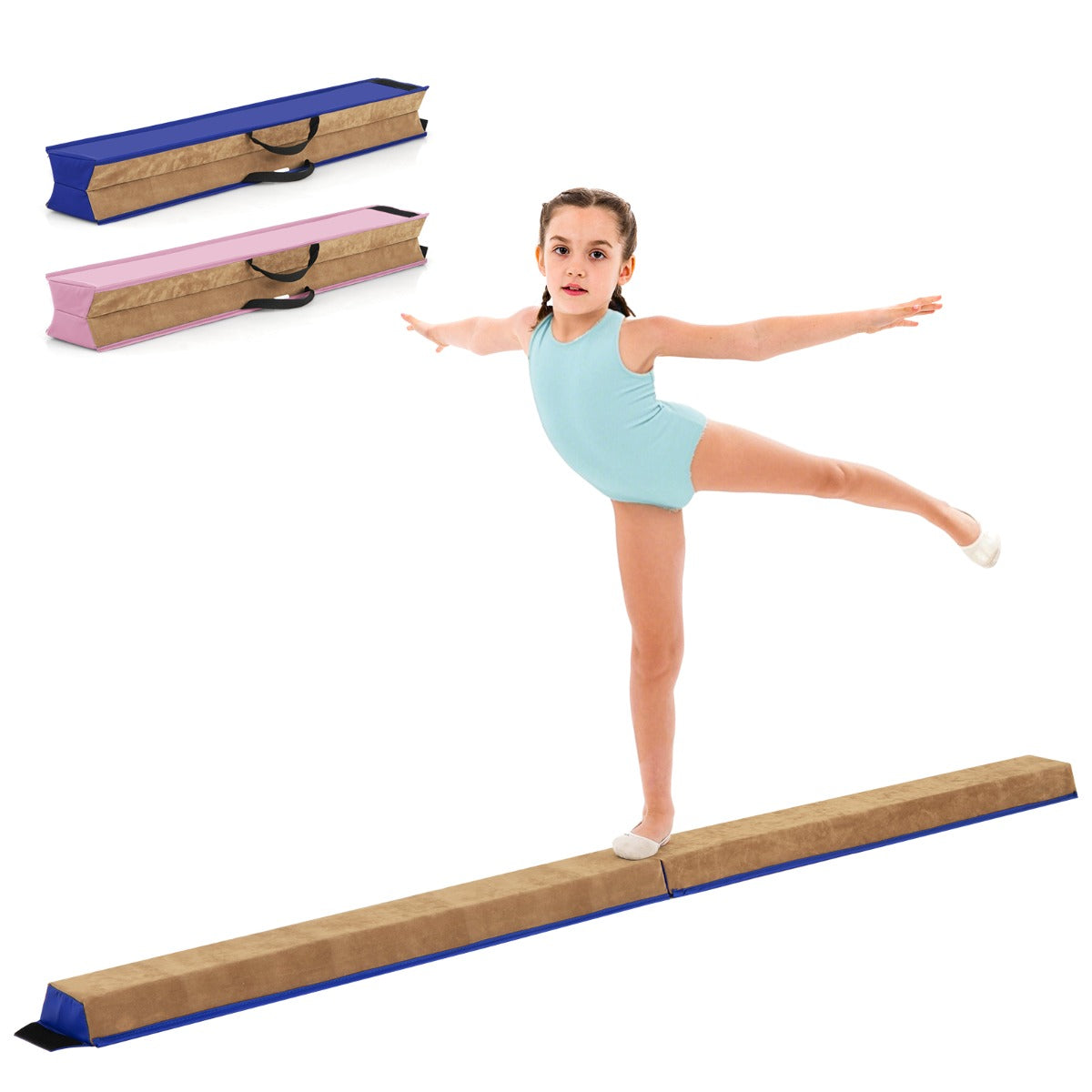 Viga de Equilíbrio Dobrável de 240 CM Viga de Ginástica Portátil com Revestimento de Camurça e Espuma para Crianças Equipamento de Treino Azul
