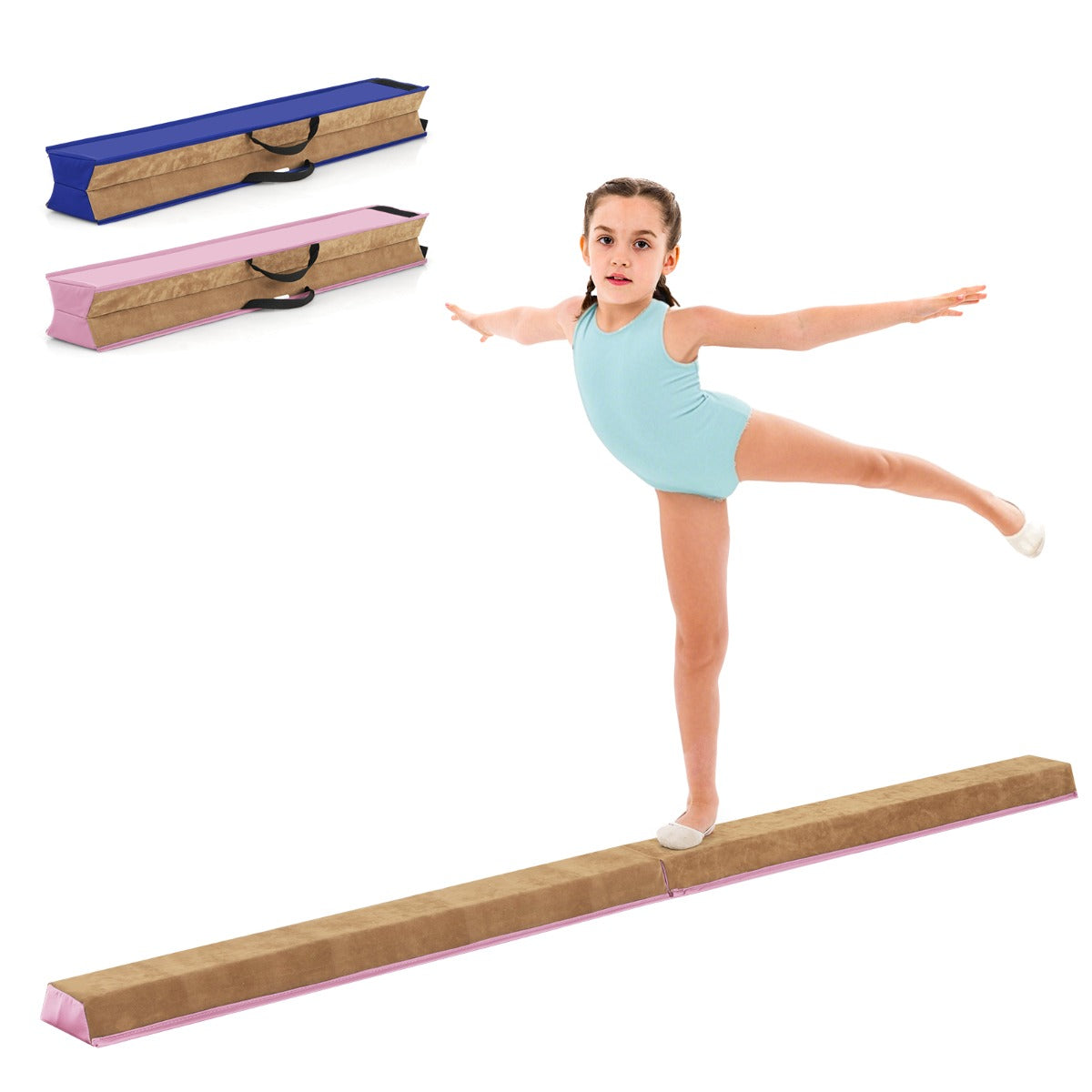 Viga de Equilíbrio Dobrável de 240 CM Viga de Ginástica Portátil com Revestimento de Camurça e Espuma para Crianças Equipamento de Treino Rosa