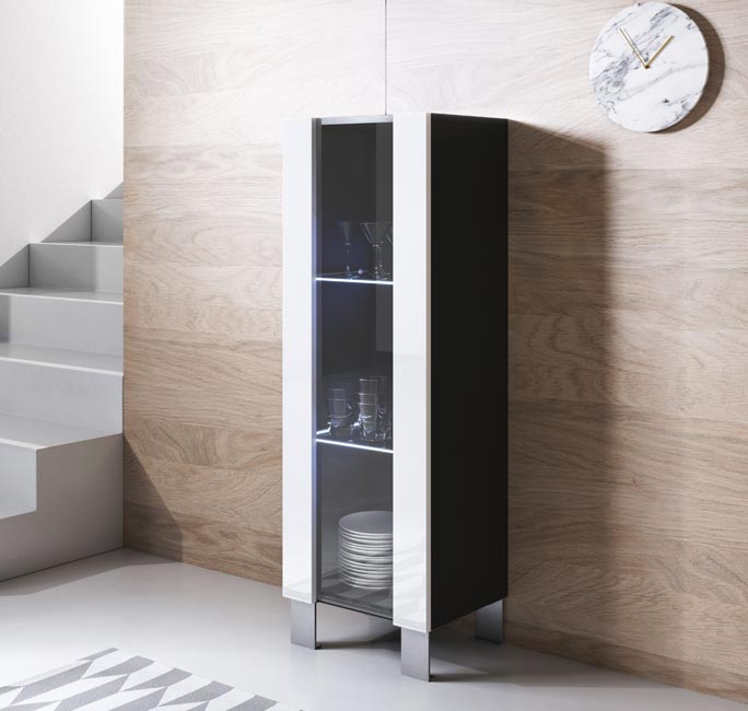 Elegante Vitrina Leiko V2 (40x138cm) Preto e Branco com Pernas de Alumínio