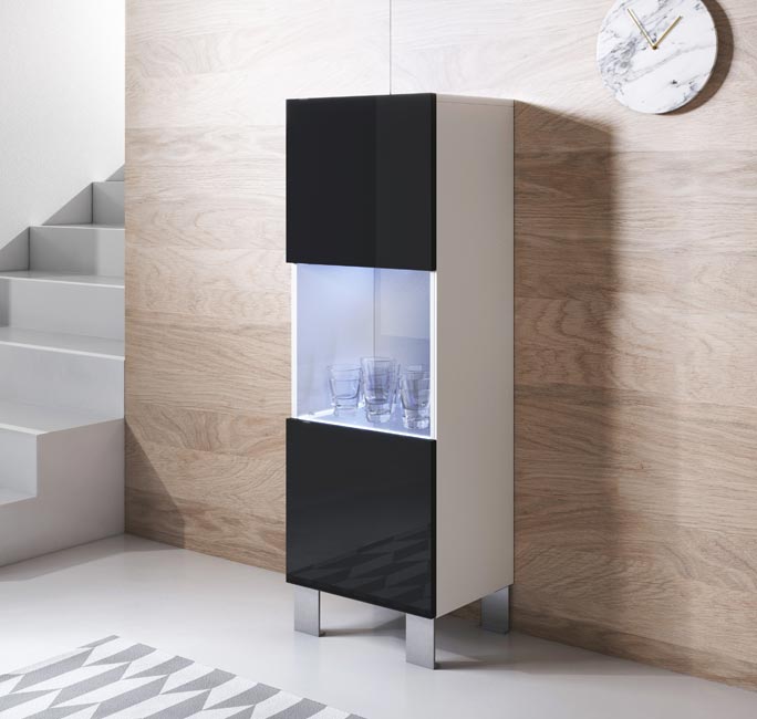 Vitrina Leiko V3 (40x138cm) Branco e Preto com Pernas de Alumínio