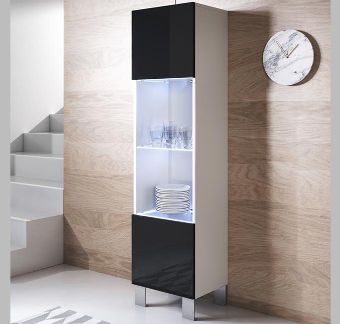 Vitrina modelo Leiko V6 (40x177cm) branco e preto com pernas de alumínio