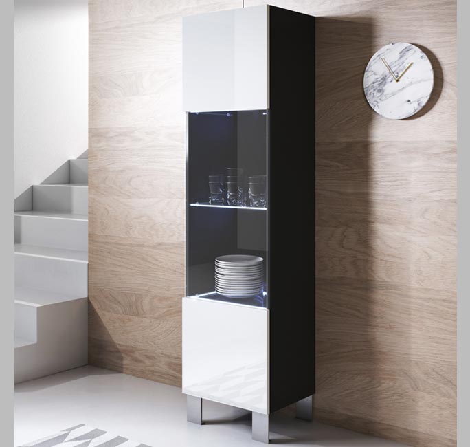 Vitrina Leiko V6 (40x177cm) Preto e Branco com Pernas em Alumínio